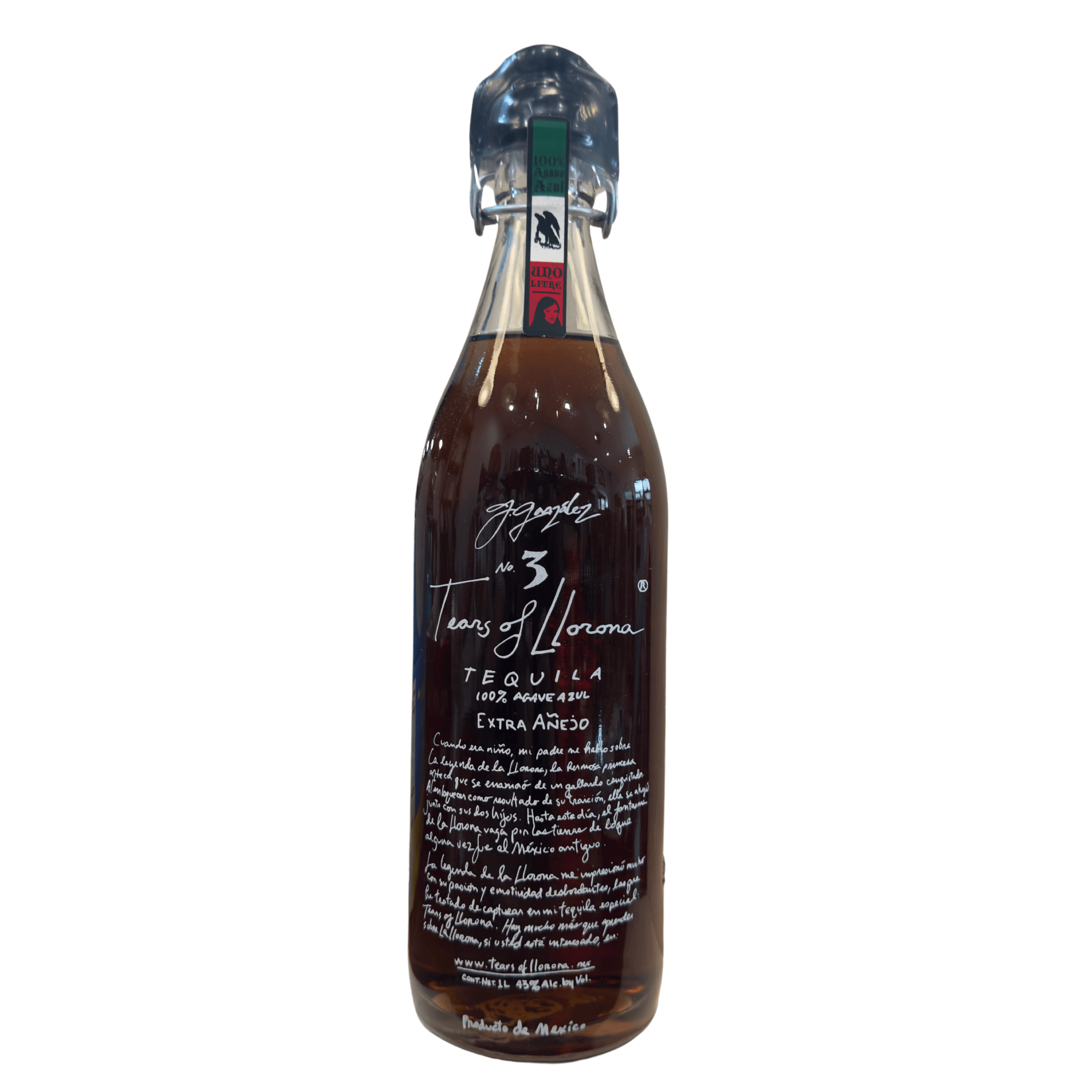 Bottle of Tears of Llorona No. 3 Extra Añejo Tequila 750ml, aged 5 years, crafted from Blue Weber agave by Tequilera La Tequileña in Mexico.