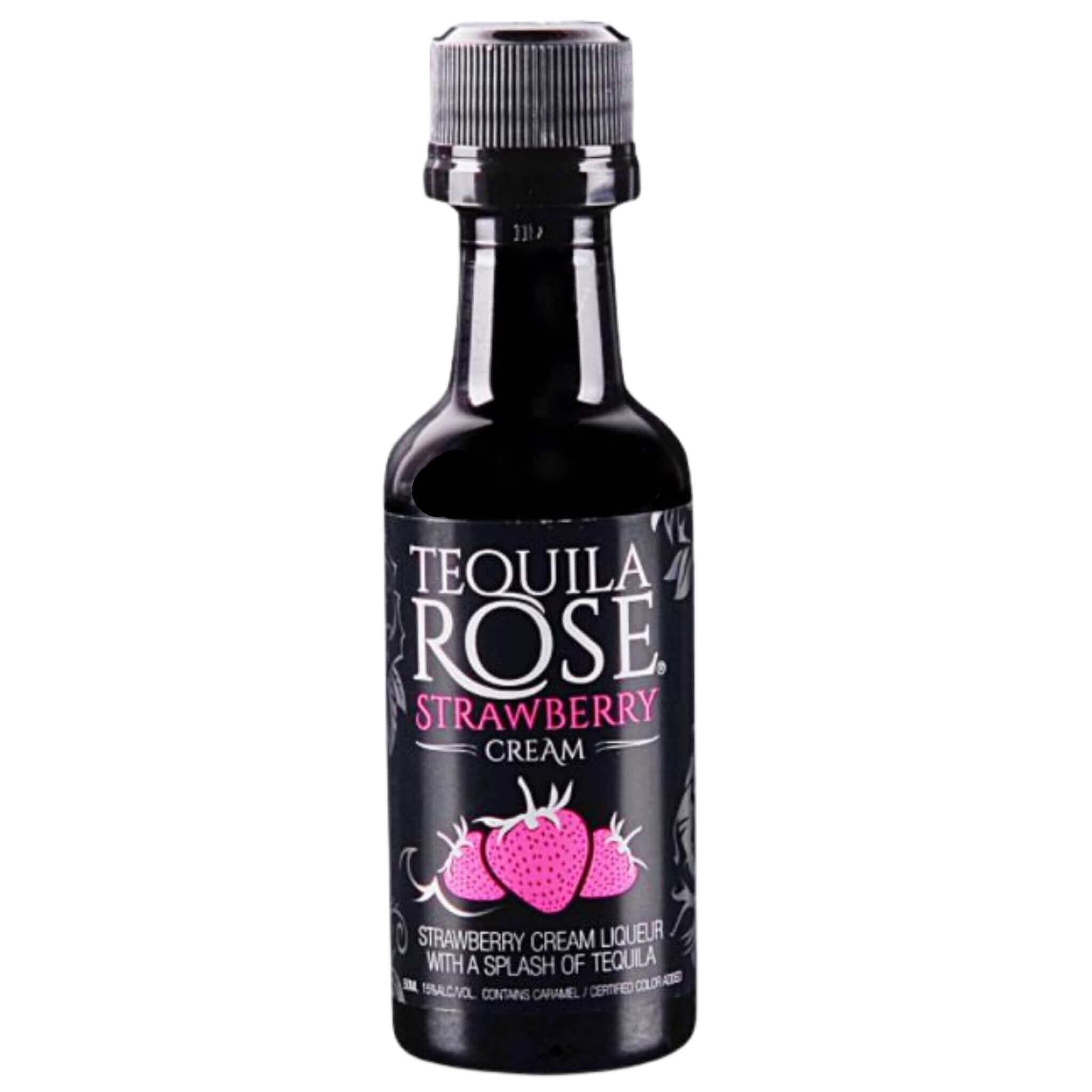 Tequila Rose Strawberry Cream 50ml bottle with pink label and strawberry design, 15% ABV, Mexican tequila blend from Missouri.