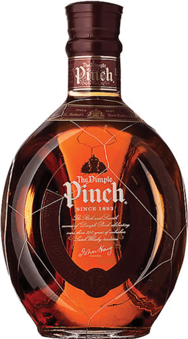 The Pinch Dimple 15 Year Scotch Whisky 750ml bottle with unique shape, matured in oak casks, award-winning blend from Scotland.