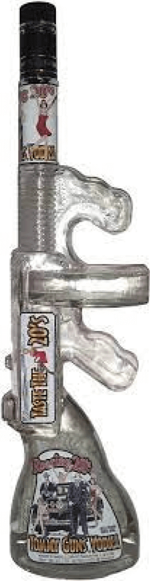 Tommy Guns Vodka 750ml bottle designed like a tommy gun, inspired by 1920s Prohibition era, originating from Poland.