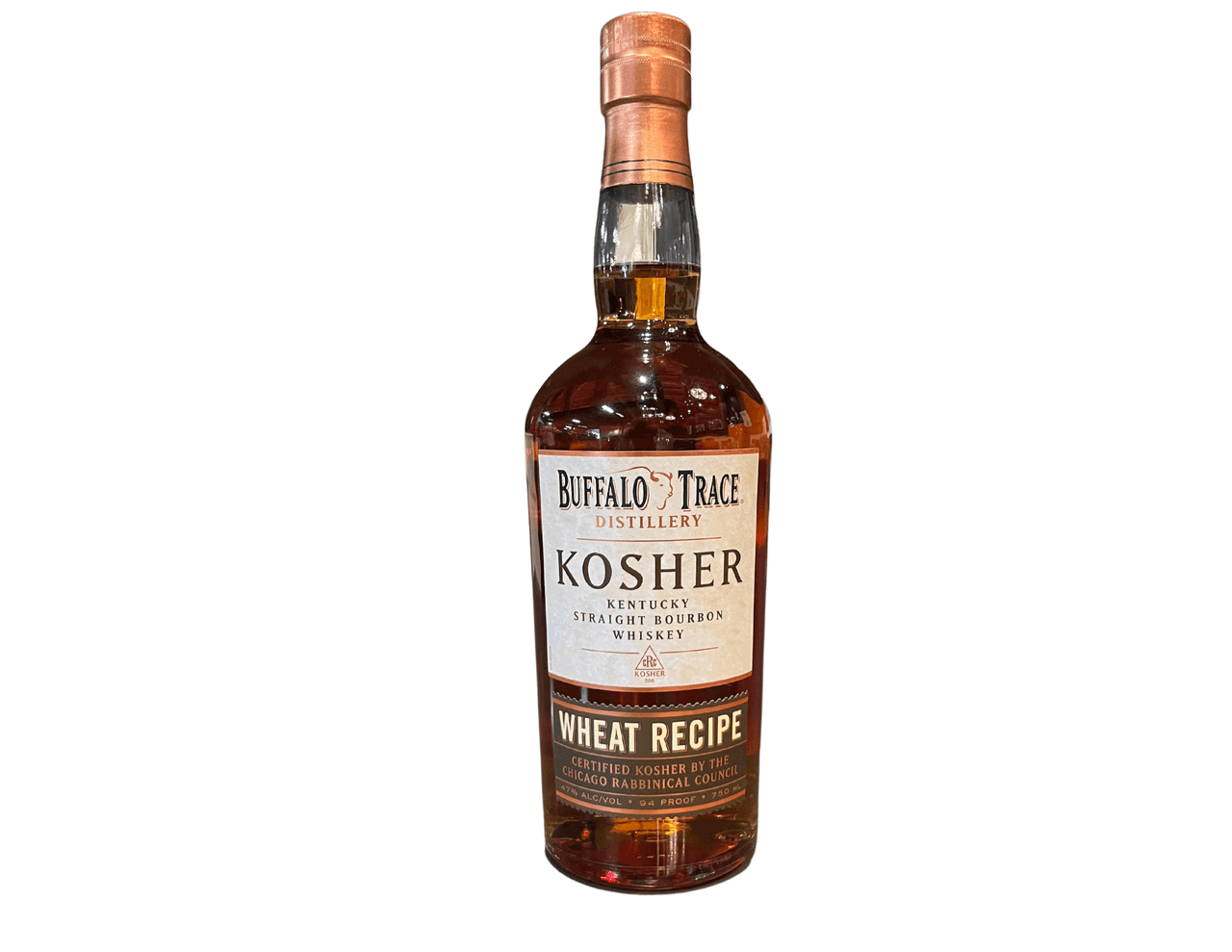 Buffalo Trace Kosher Wheat Recipe Bourbon 750mL bottle, front view, by Buffalo Trace Distillery with cRc certification.