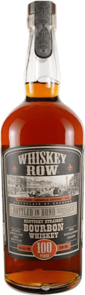 Whiskey Row Bottled In Bond 750ml, rich Kentucky bourbon with corn, wheat, rye flavors, and a strong aroma from copper pot still.