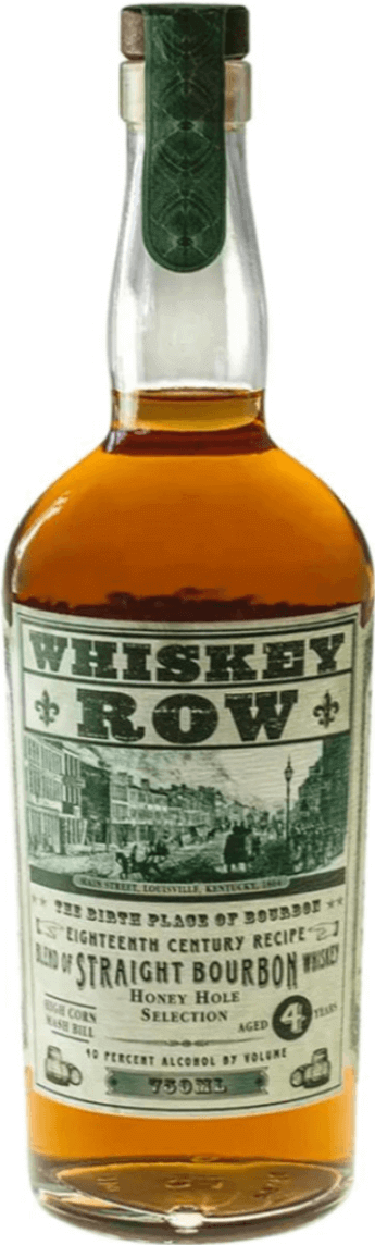 Whiskey Row Green Label 750ml bottle with Ohio Valley corn, caramel, and vanilla flavors from charred oak barrels.