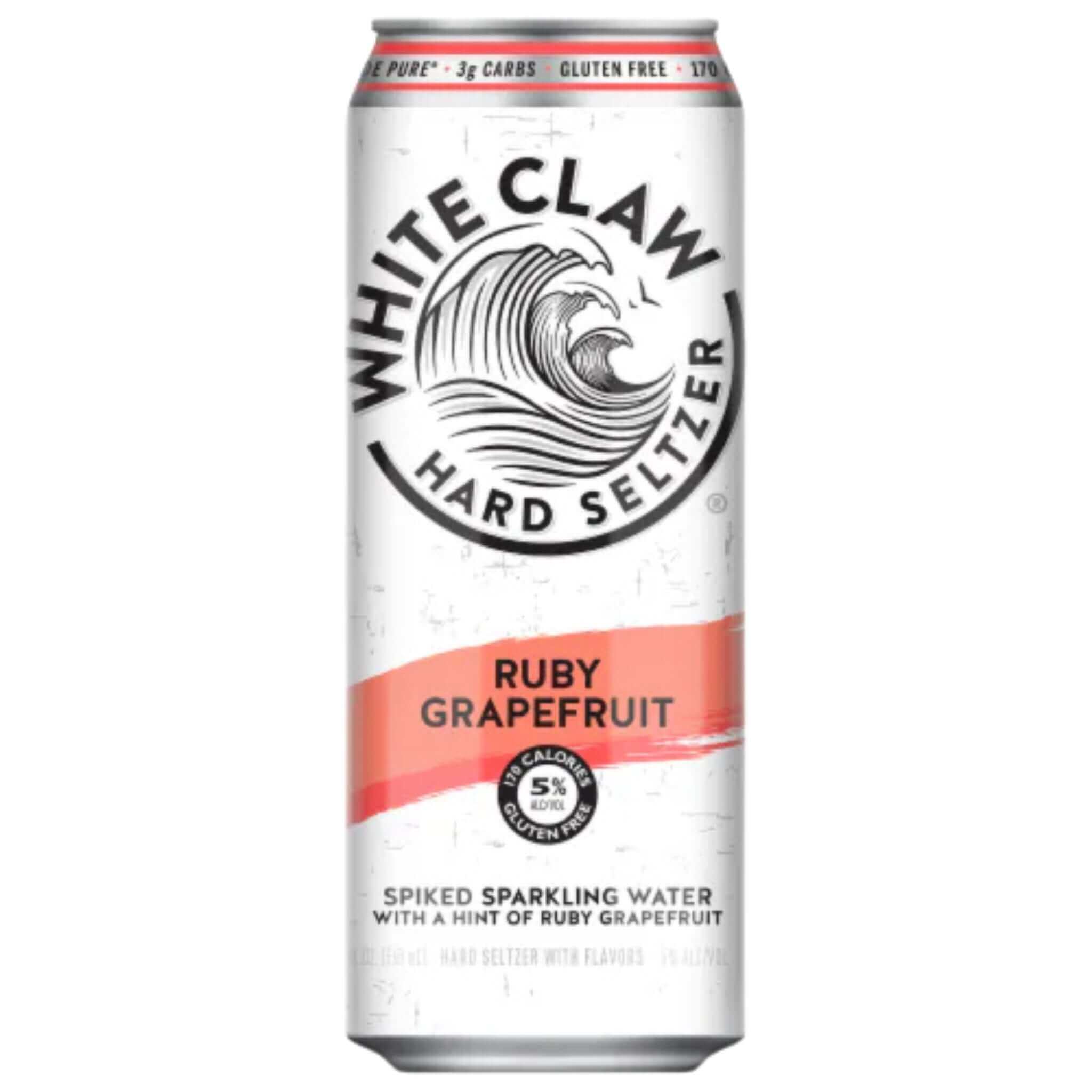 White Claw Ruby Grapefruit Hard Seltzer 19.2oz can, refreshing tart grapefruit flavor, 5% ABV, spiked sparkling water, gluten-free beverage.