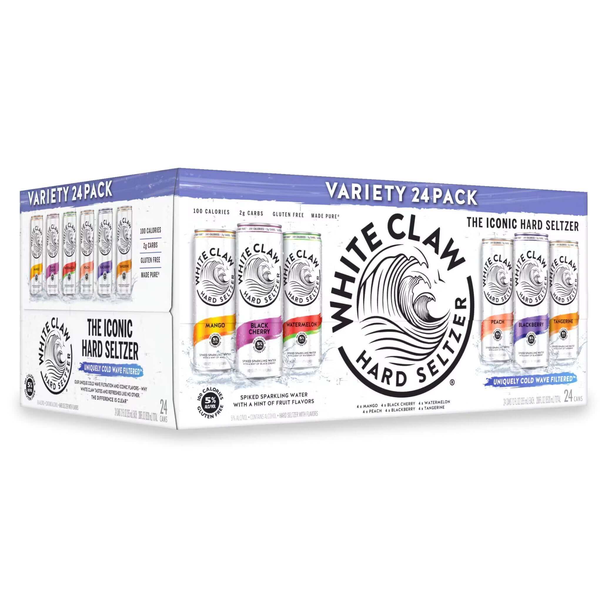 White Claw Variety 24 Pack 12oz Cans featuring assorted flavors like Black Cherry and Mango - Hard Seltzer by White Claw.