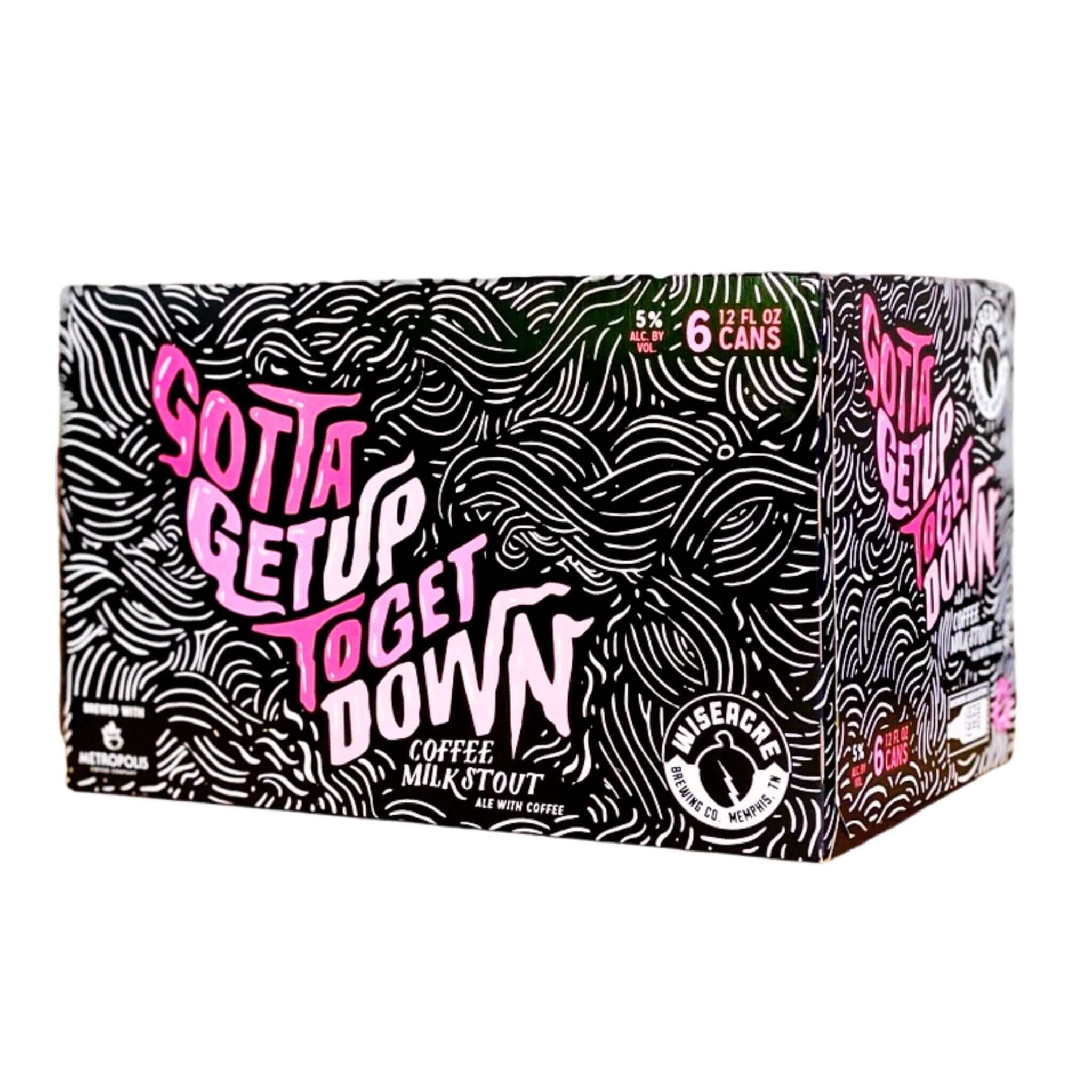 Wiseacre Gotta Get Up To Get Down 6 Pack Coffee Milk Stout, 12oz Cans, bold packaging design, featuring espresso notes and creamy sweetness.