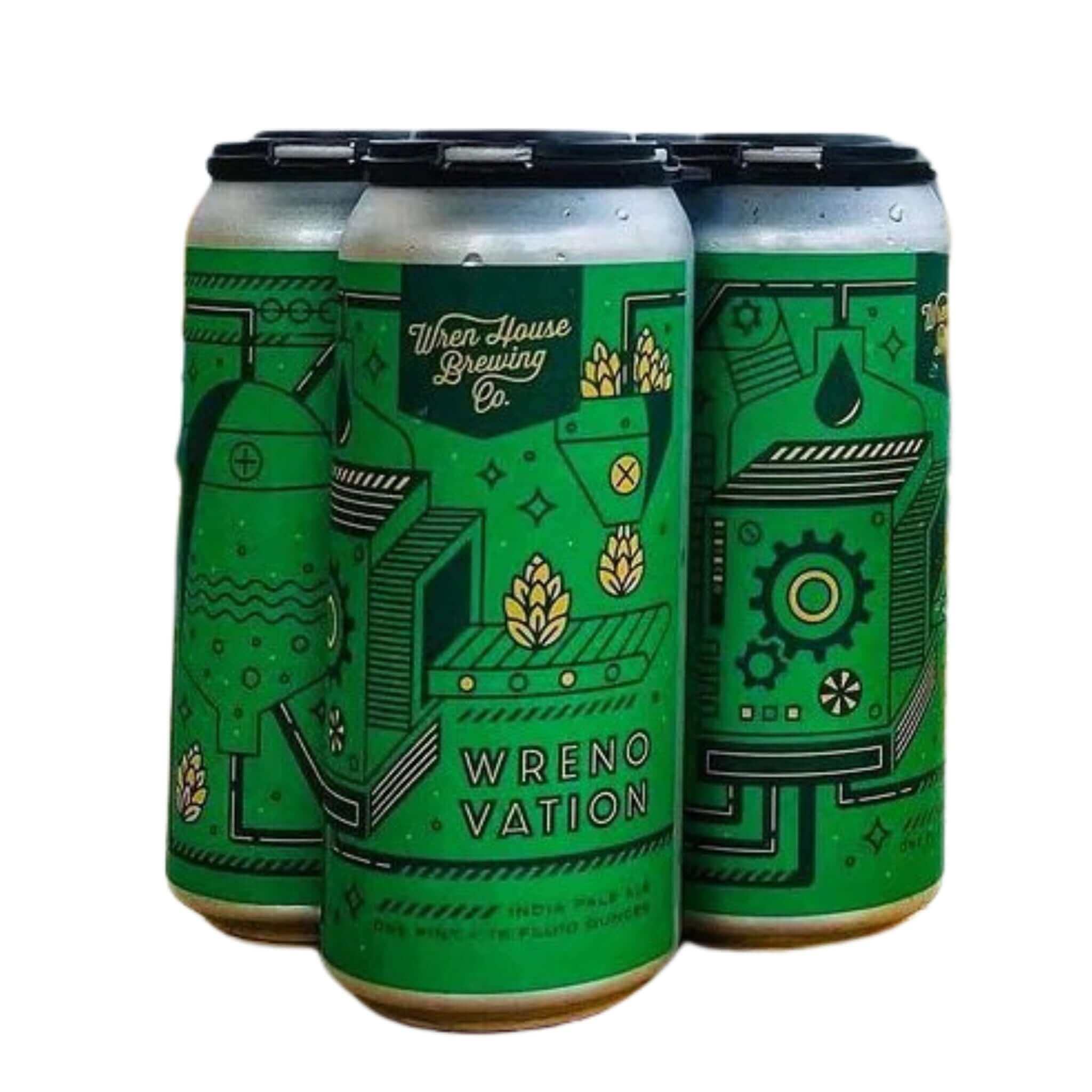 4-pack of Wren House Wrenovation 16oz cans, a West Coast IPA by Wren House Brewing, featuring vibrant green design with hoppy motifs.