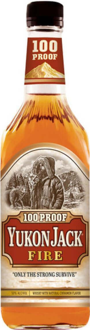 Bottle of Yukon Jack Fire cinnamon-flavored Canadian whiskey liqueur, 750ml, 50% ABV, with bold, spicy cinnamon taste.
