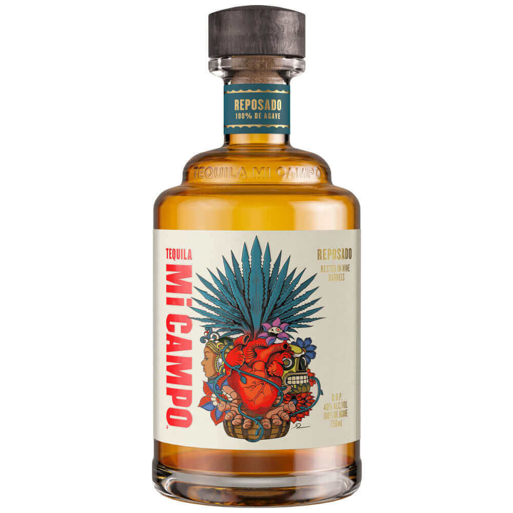 Mi Campo Tequila Reposado 750ml bottle with vibrant label featuring blue agave.