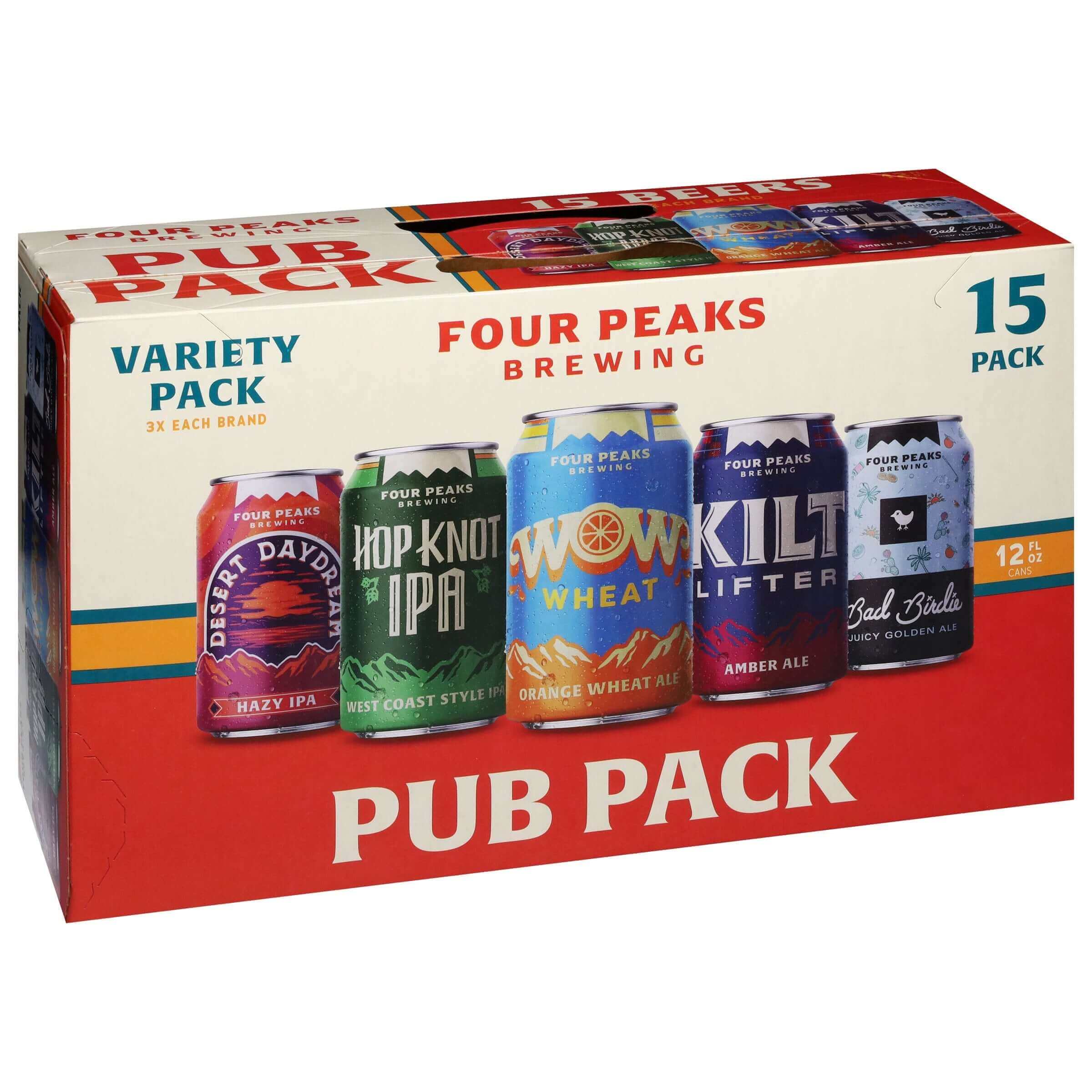 Four Peaks Pub Pack 15-pack of 12oz cans showcasing variety of beers from Four Peaks Brewing, Tempe, Arizona.