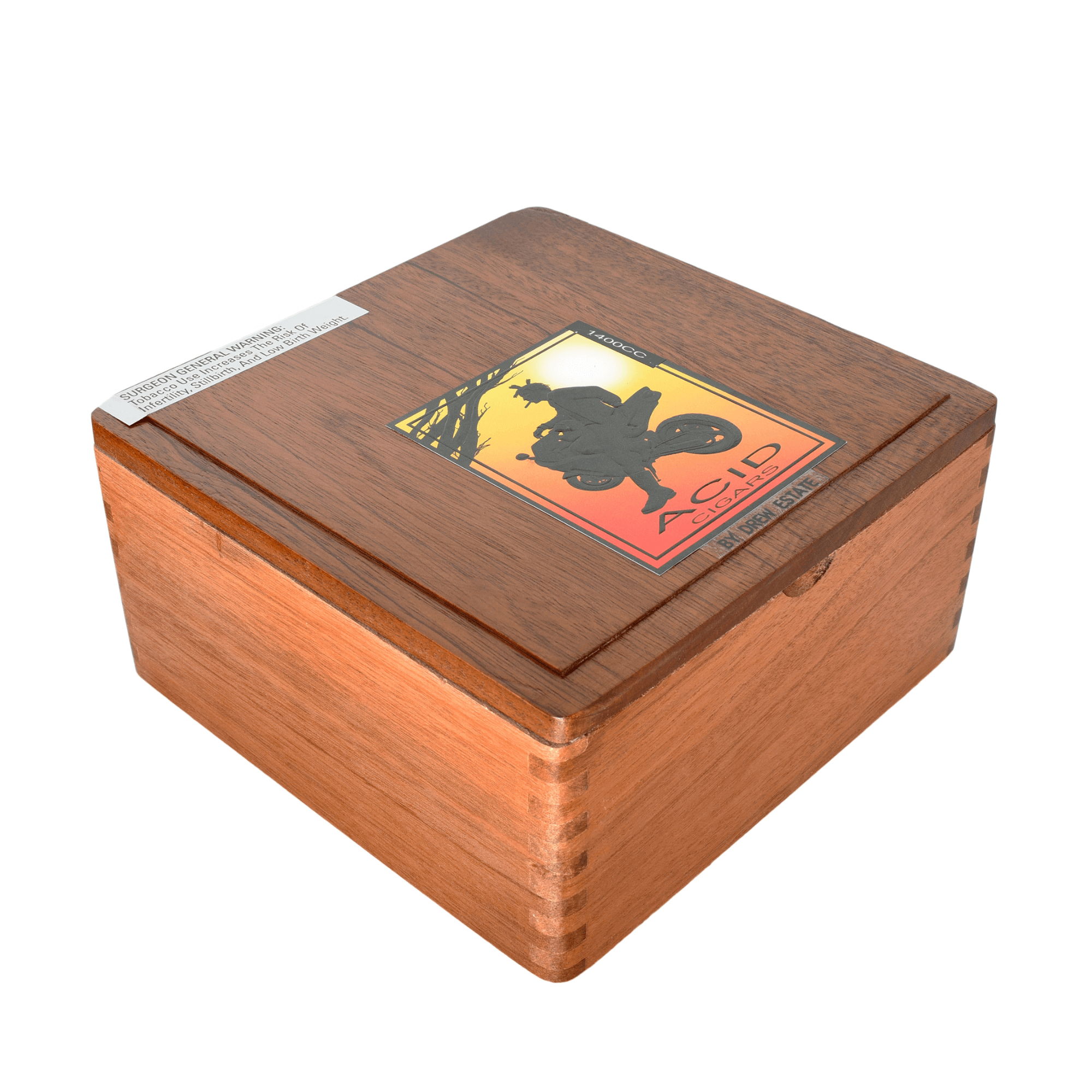 Drew Estate ACID 1400CC 18 count box featuring Nicaraguan-infused tobaccos, Connecticut Shade wrapper, aromatic flavor profile.