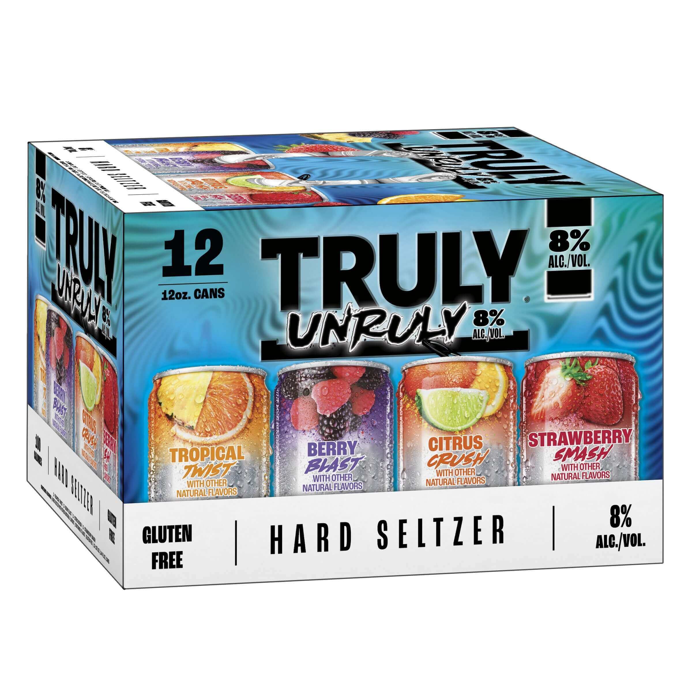 Truly Unruly Variety 12 Pack with Tropical, Berry, Citrus, and Strawberry Hard Seltzer flavors in 12oz cans, 8% ABV.