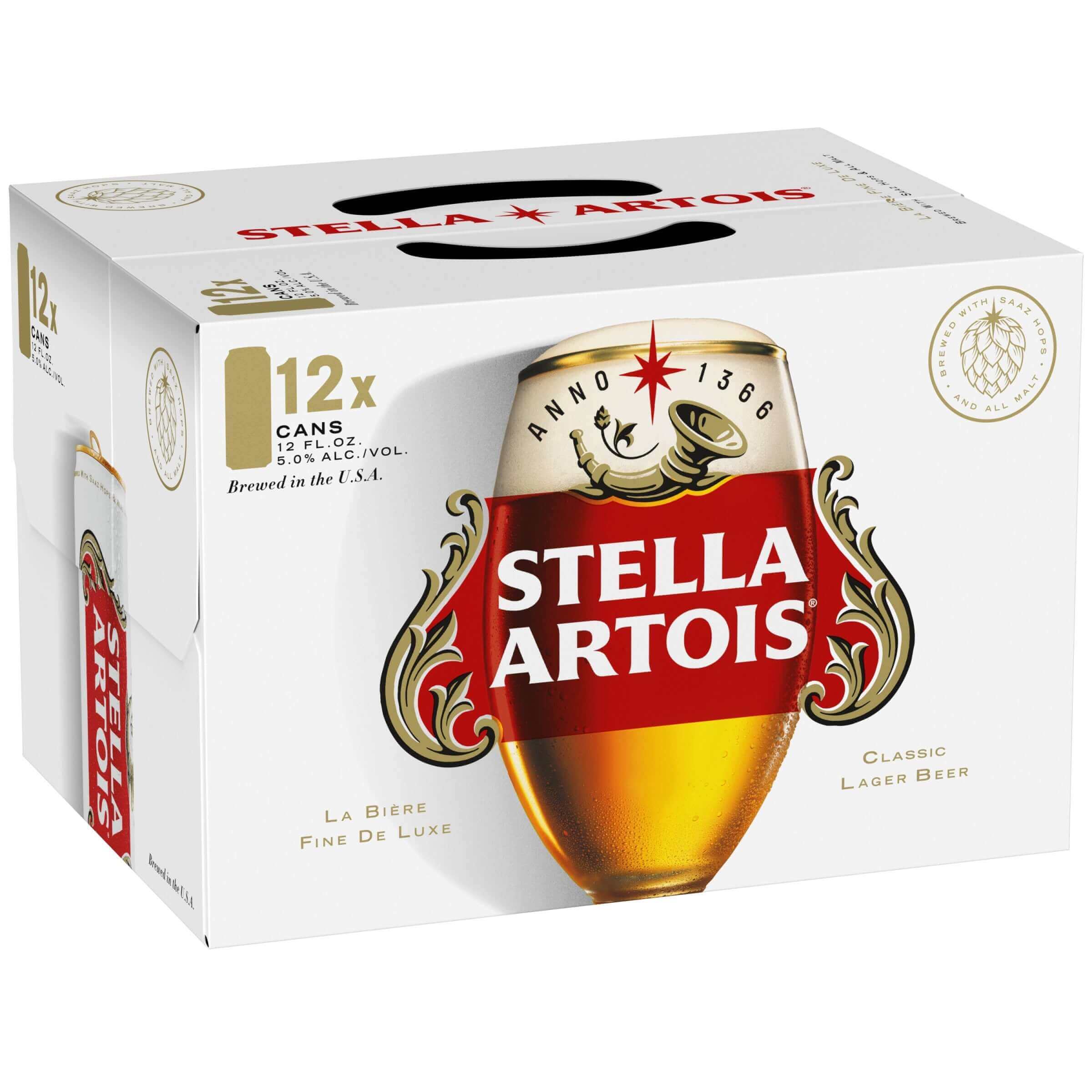 Stella Artois 12 Pack of 12oz Cans, European Pale Lager, crisp and balanced beer from Belgium with floral notes.