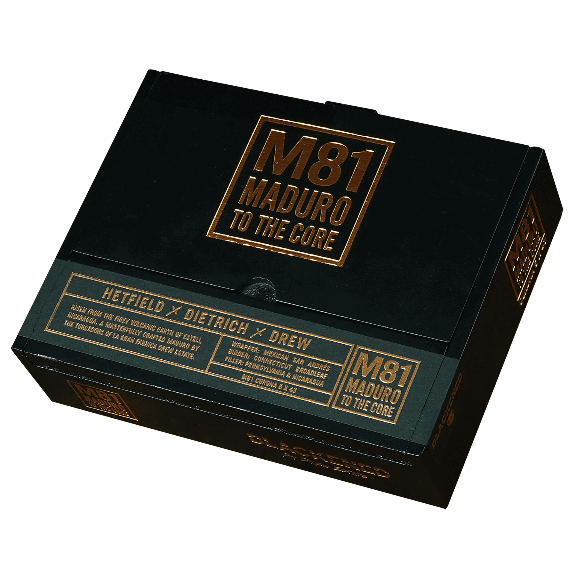Drew Estate Blackened M81 Corona 20 Count Box featuring bold packaging and premium cigars, Nicaraguan origin, full-bodied flavor.