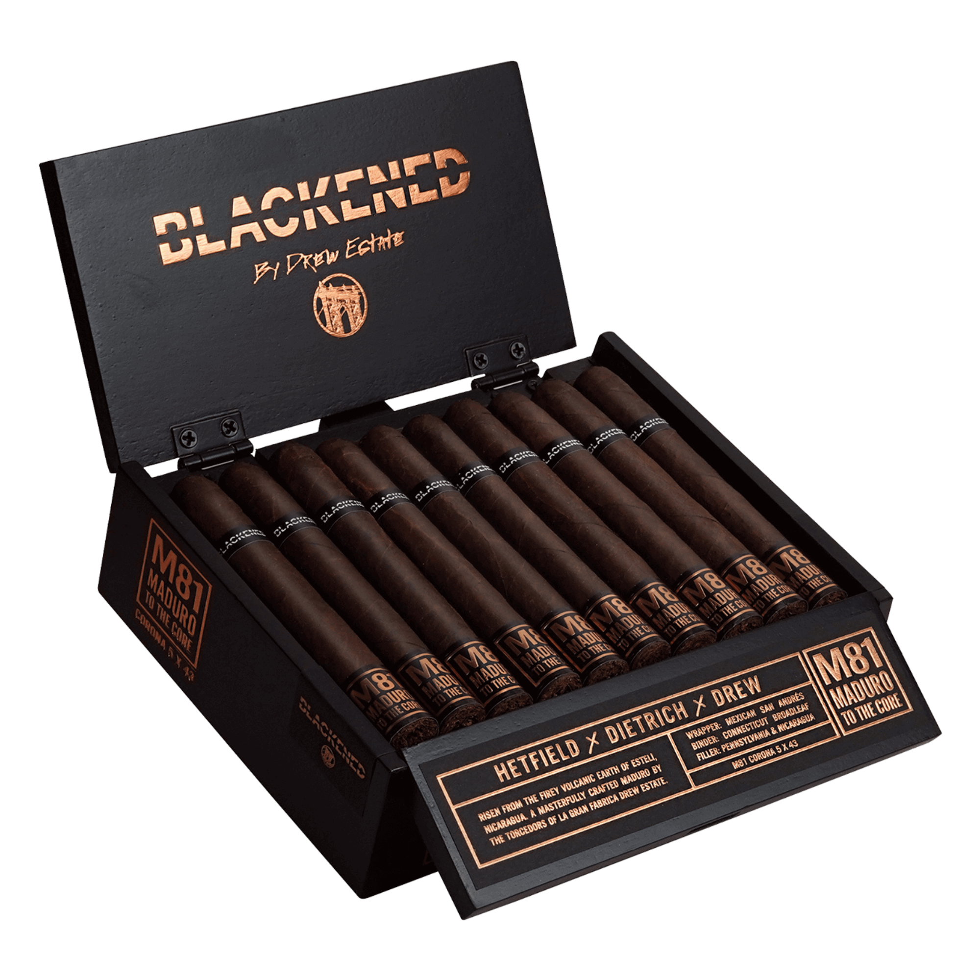 Drew Estate Blackened M81 Corona cigars in open box, full-bodied Nicaraguan Maduro with Connecticut Broadleaf wrapper, 20 count.
