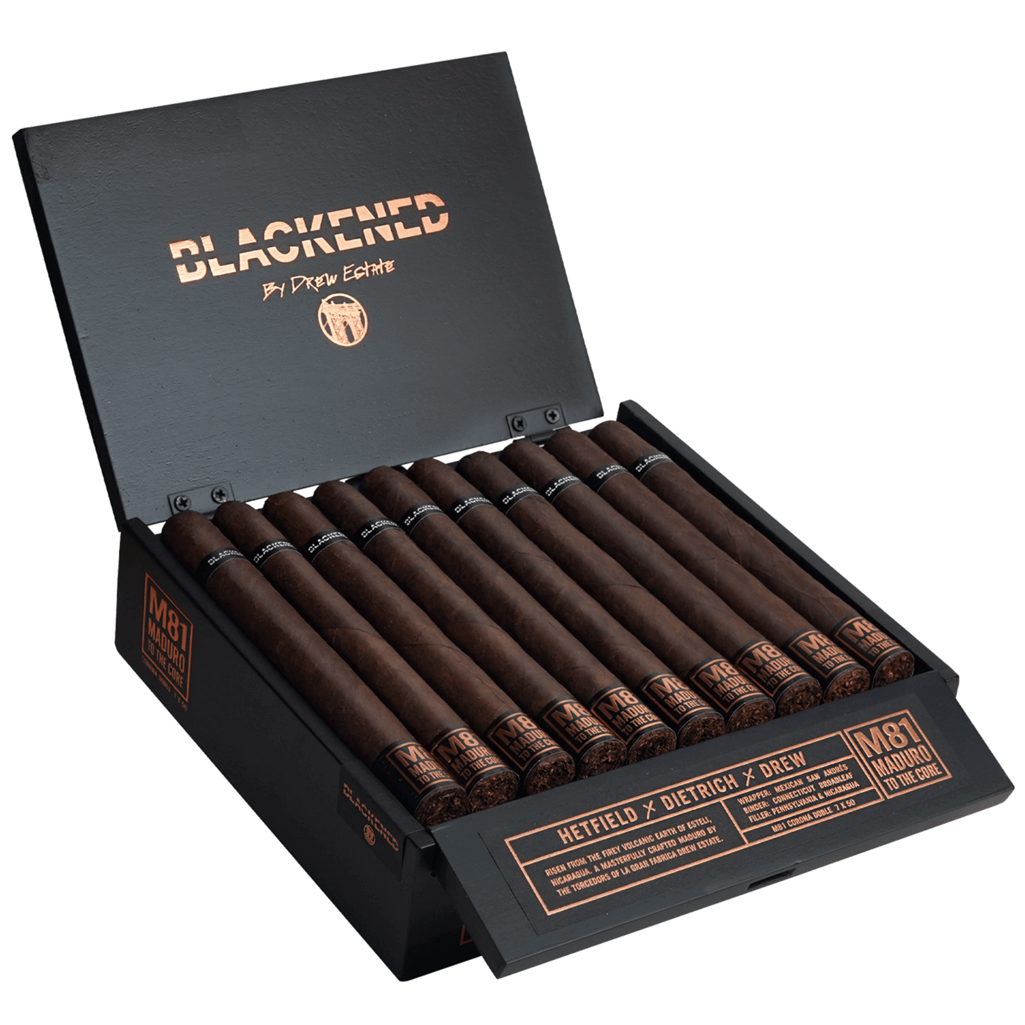 Drew Estate Blackened M81 Corona Doble cigars in a 20 count box, featuring rich Connecticut Broadleaf Maduro wrapper and full-bodied flavor.