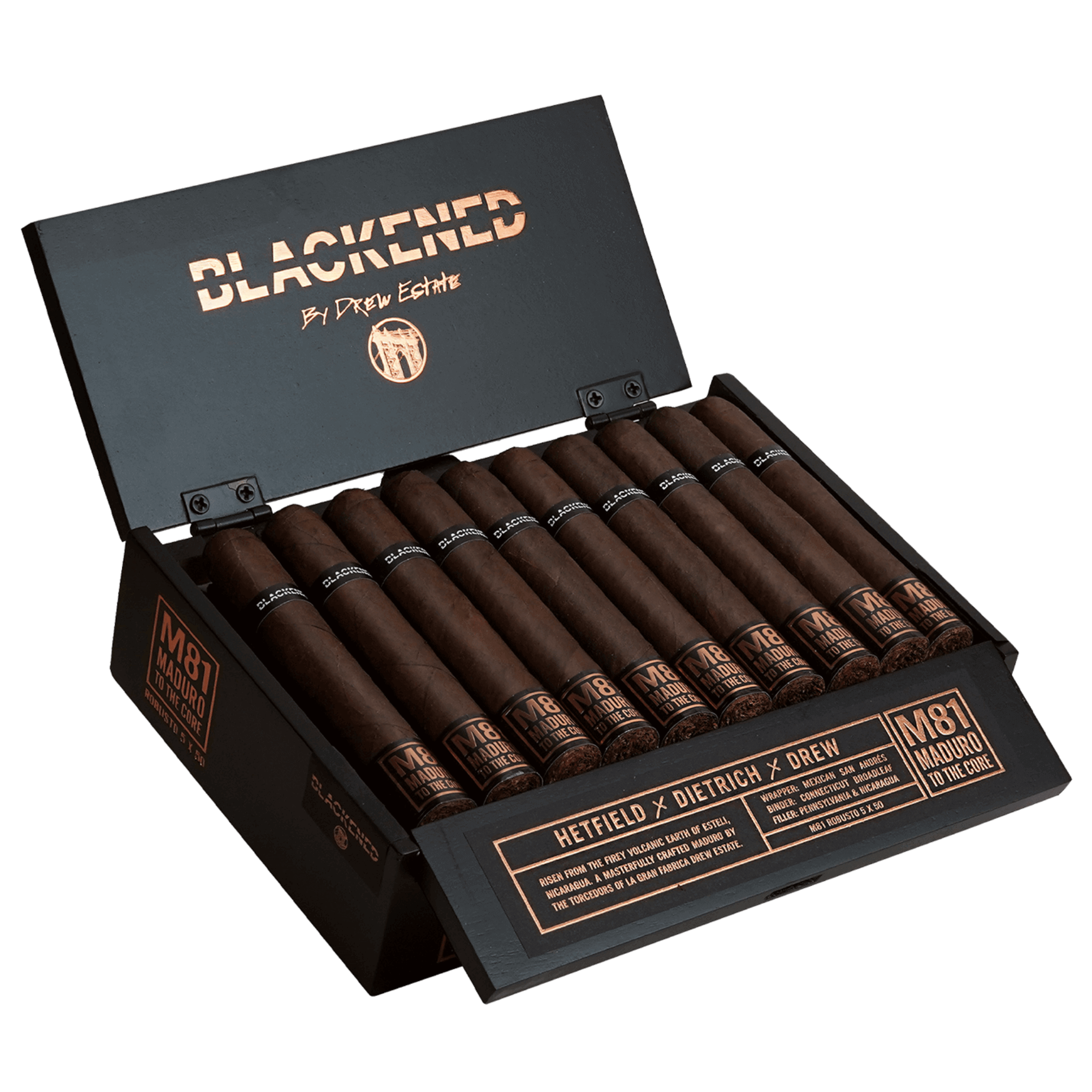 Drew Estate Blackened M81 Robusto cigars in open 20 count box, featuring bold full-bodied smoke from Nicaragua.