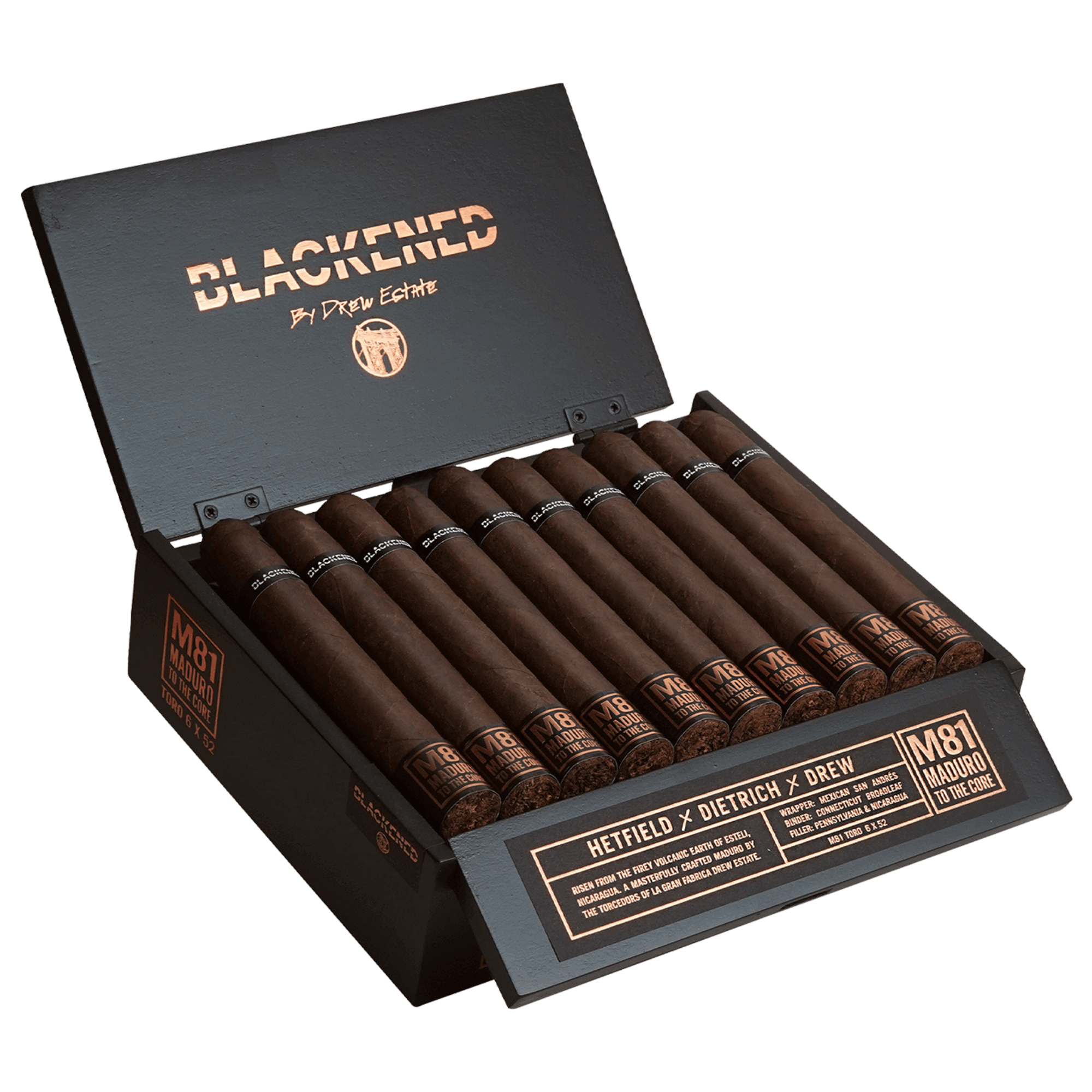 Drew Estate Blackened M81 Toro cigars in open box, 20 count, featuring full-bodied flavor with Connecticut Broadleaf Maduro wrapper.