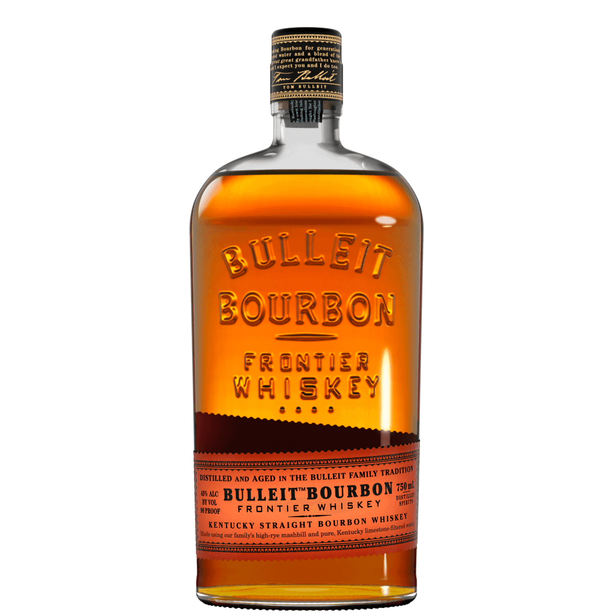 Bulleit Bourbon 750ml bottle, Kentucky straight bourbon whiskey with high rye, bold spicy flavor, smooth finish, 45% ABV.