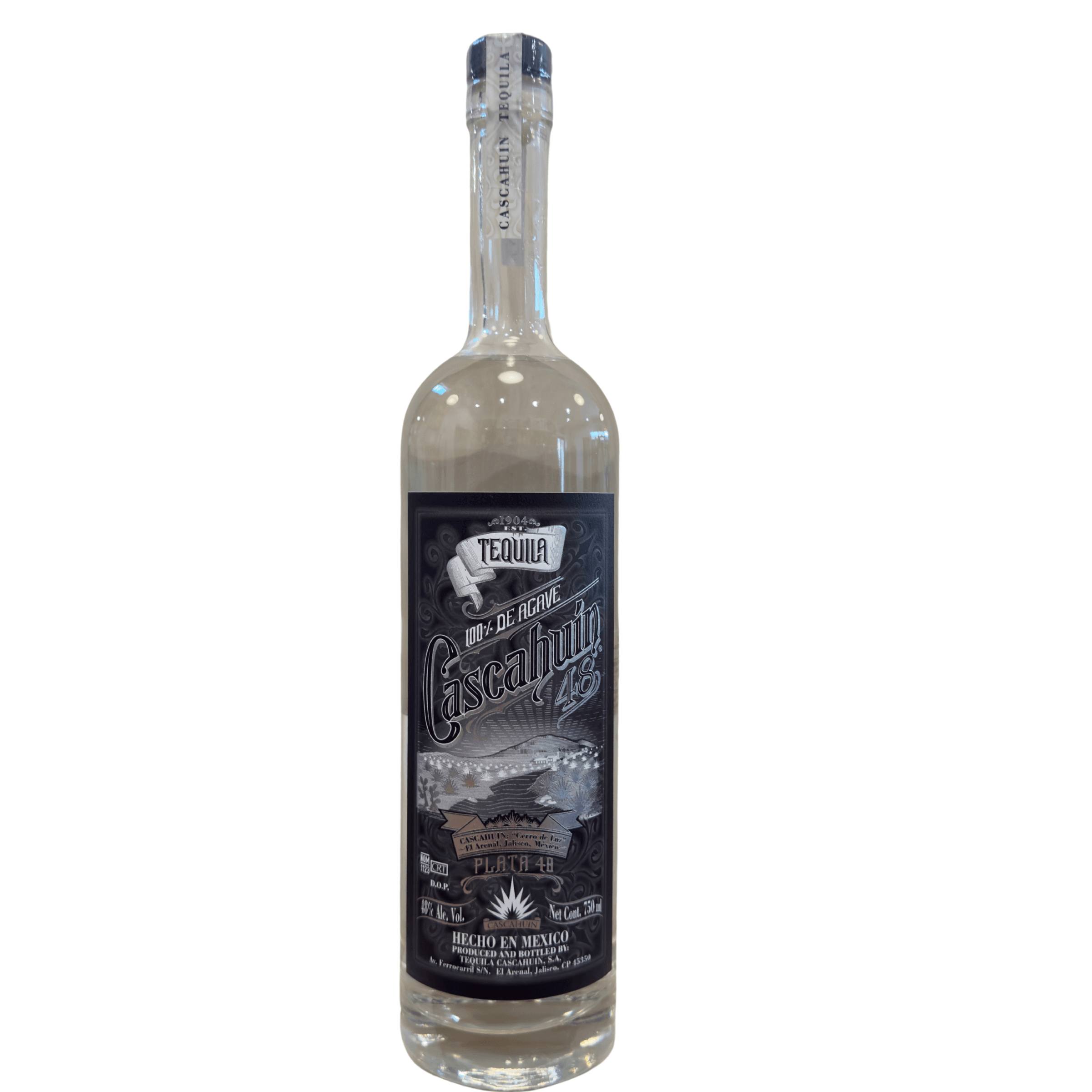 Bottle of Cascahuin 48 Plata Tequila 750ml, 48% ABV, crafted from 100% Blue Weber agave, unaged and produced in El Arenal, Jalisco.