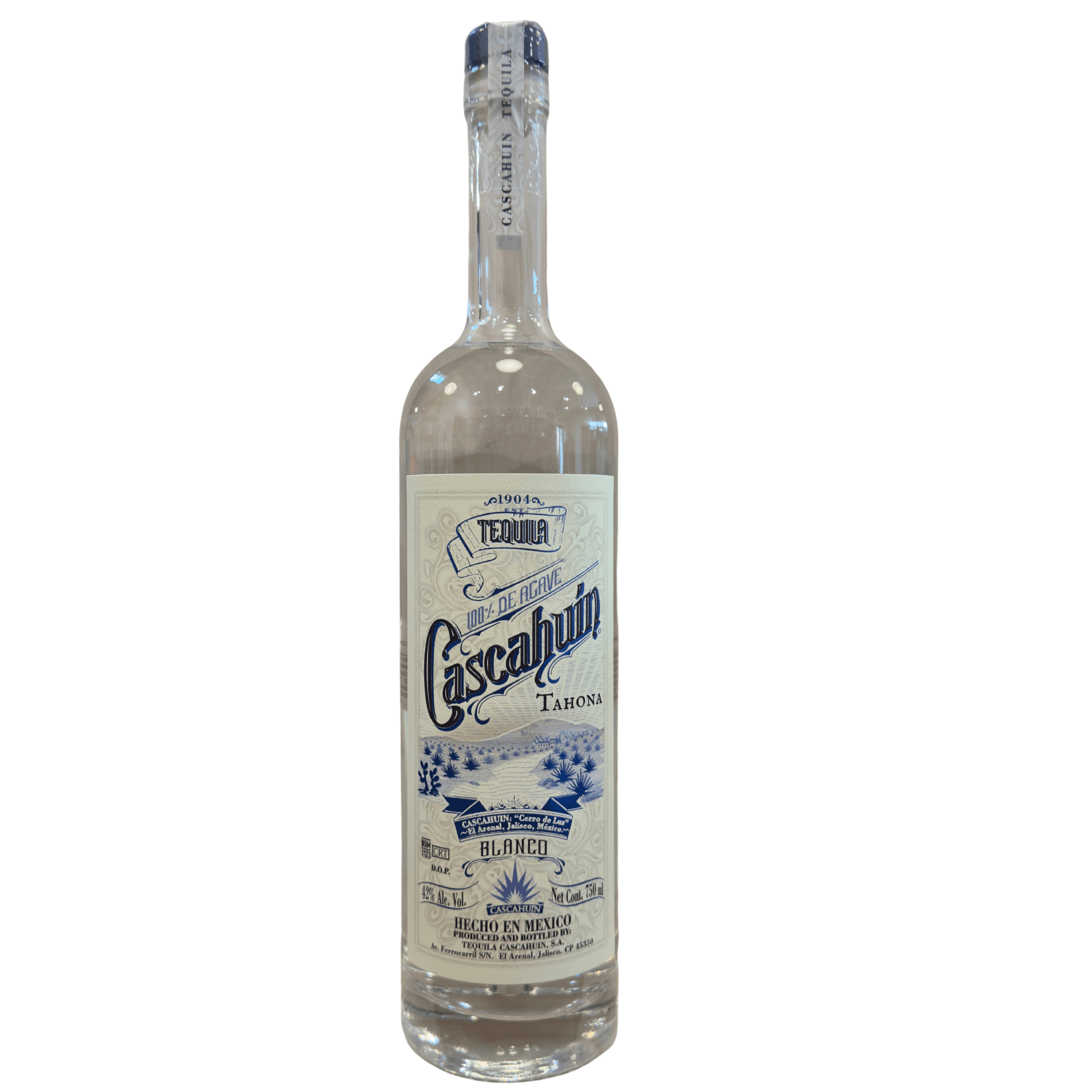 Cascahuin Tahona Blanco 750ml Tequila Bottle, traditional small-batch made from 100% Blue Weber agave, unaged, 42% ABV