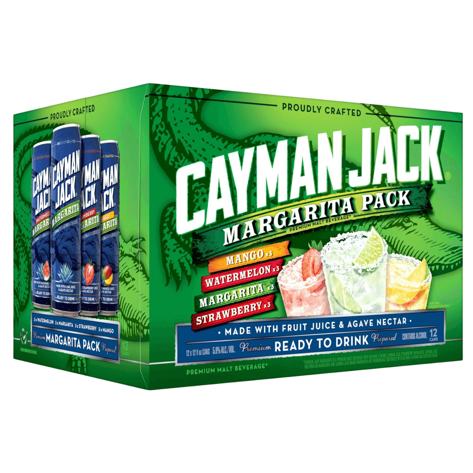 Cayman Jack Margarita Variety 12 Pack with mango, watermelon, and strawberry flavors, ready to drink canned cocktails.