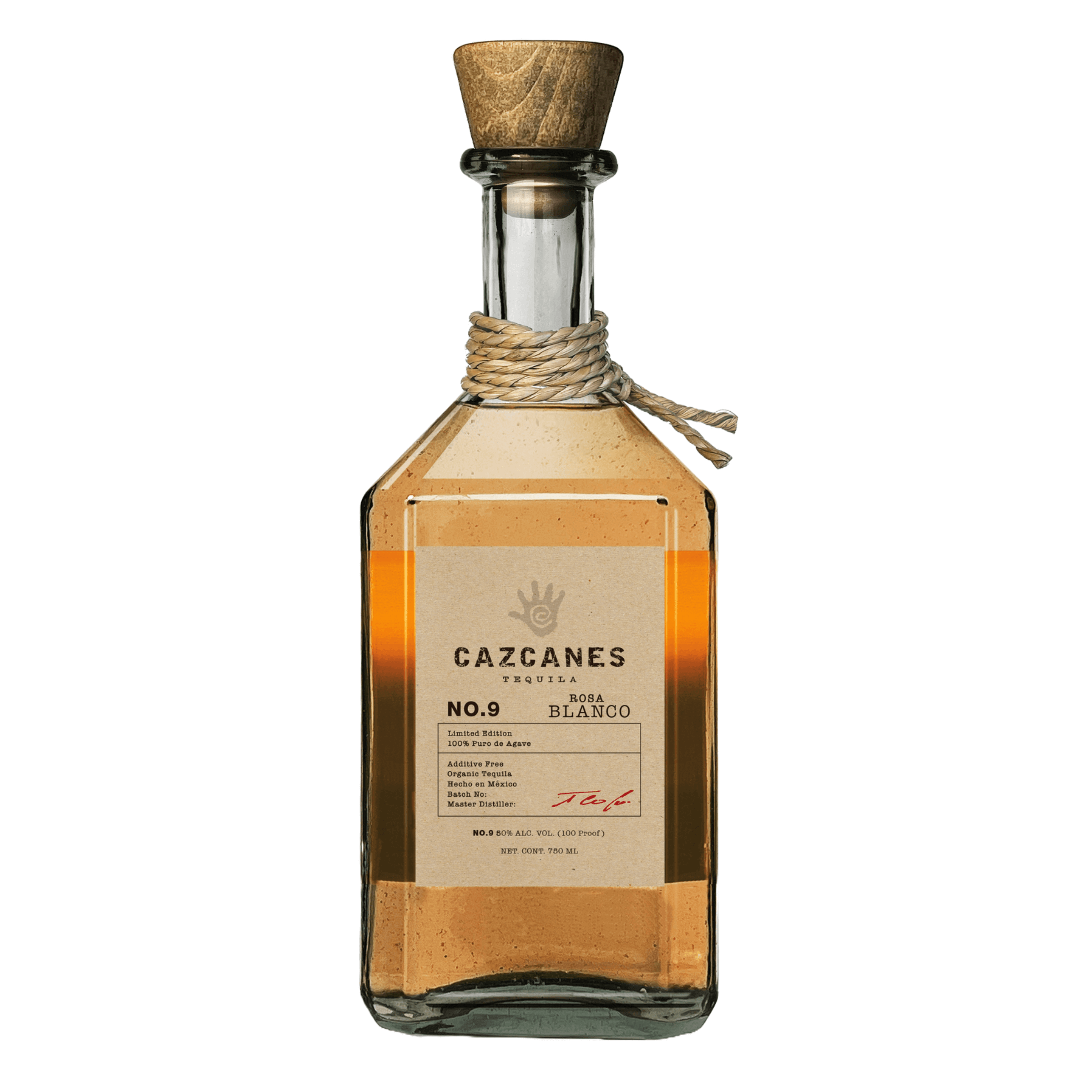 Cazcanes Tequila No. 9 Rosa Blanco 750ml bottle, aged in Cabernet Sauvignon oak casks, 100 proof, made in Amatitán, Jalisco.