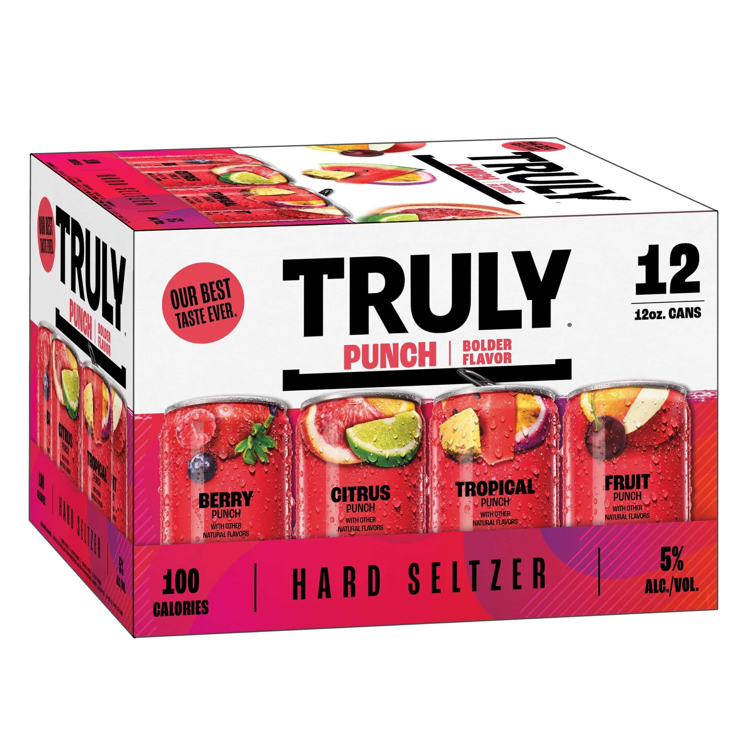 Truly Punch Variety 12 Pack featuring Berry, Citrus, Tropical, and Fruit Punch flavors of hard seltzer in 12oz cans, 5% ABV.