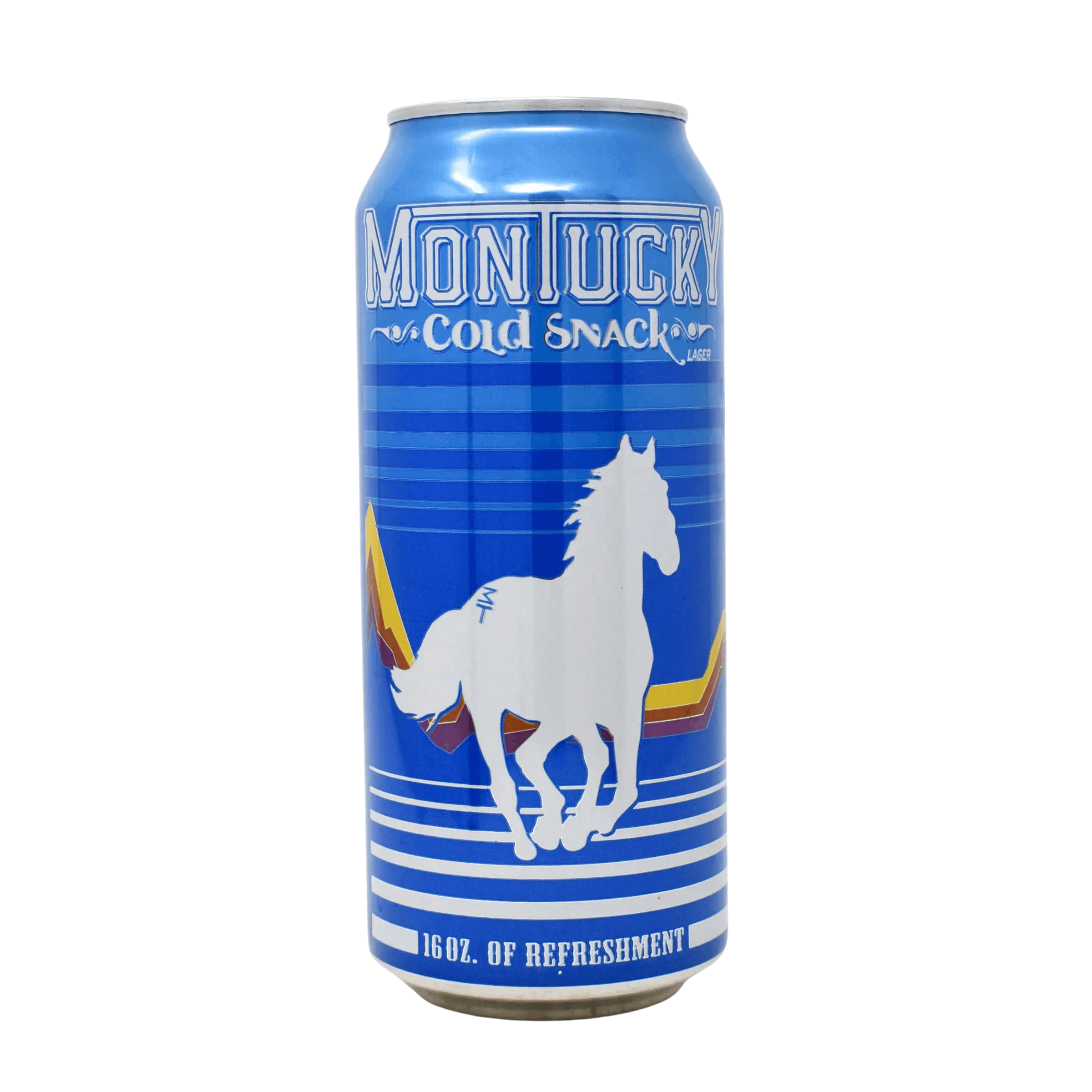 Montucky Cold Snacks 16oz can, American lager with blue design featuring white horse, brewed in Bozeman, Montana.