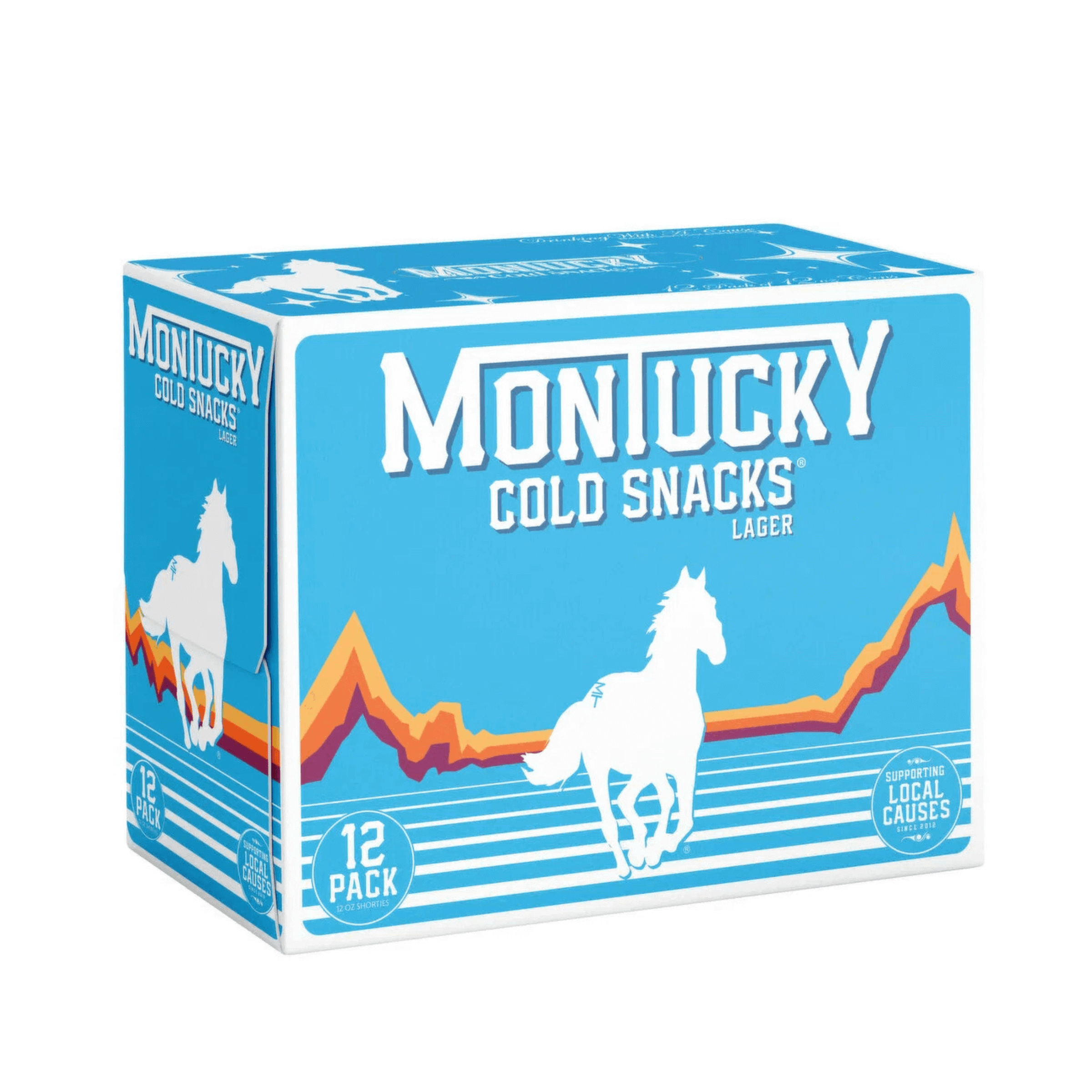 Montucky Cold Snacks 12 pack of 12oz cans, featuring a blue box with a white horse design, American Lager from Montana.