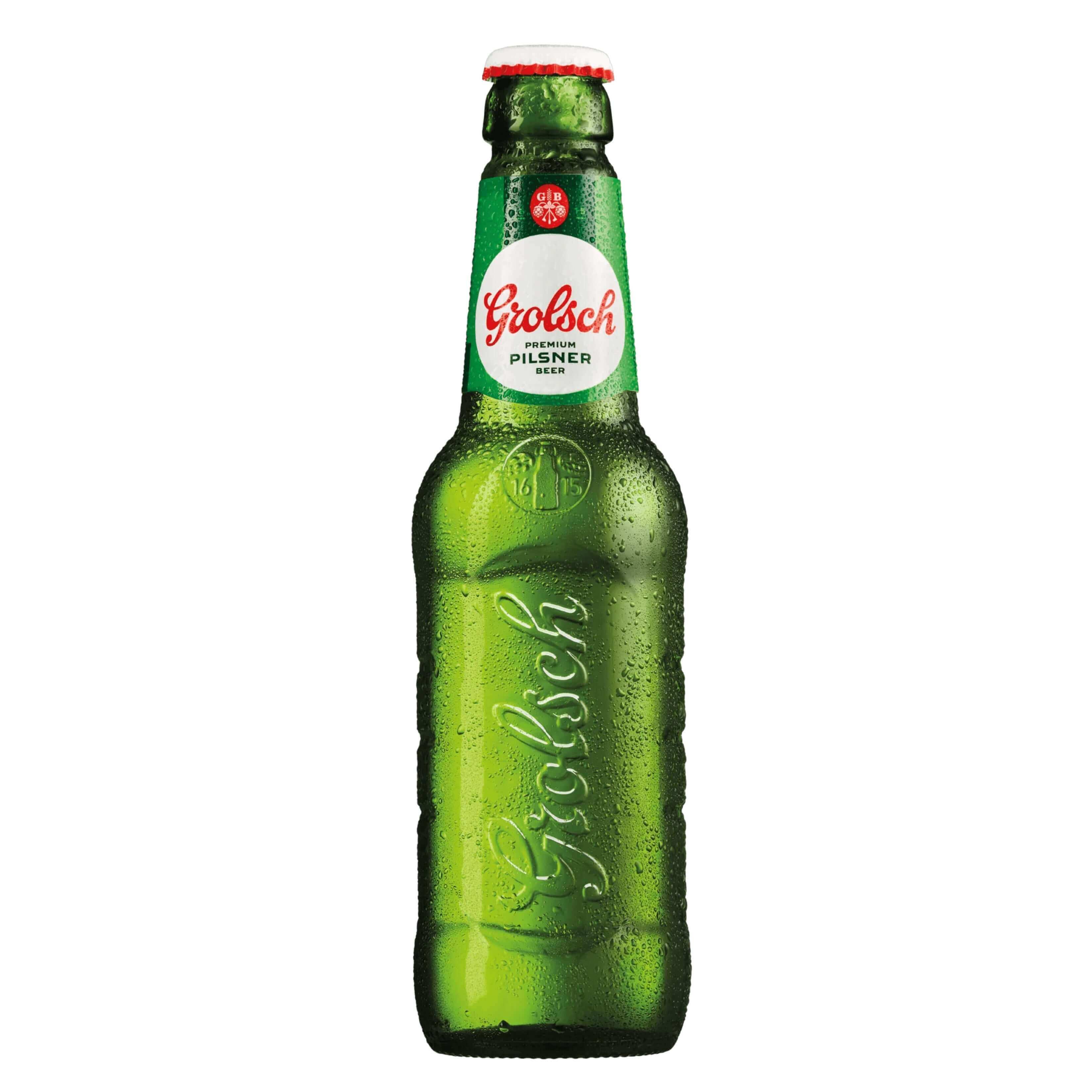 Grolsch Premium Pilsner 12oz bottle, renowned Dutch beer from Grolsch Brewery, offering crisp, refreshing taste with herbal notes.
