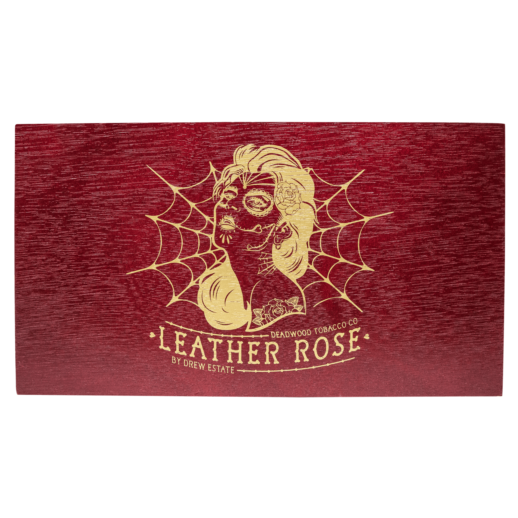 Wooden box of Deadwood Leather Rose Torpedo cigars with artistic design, showcasing bold and spicy flavor from Nicaragua.