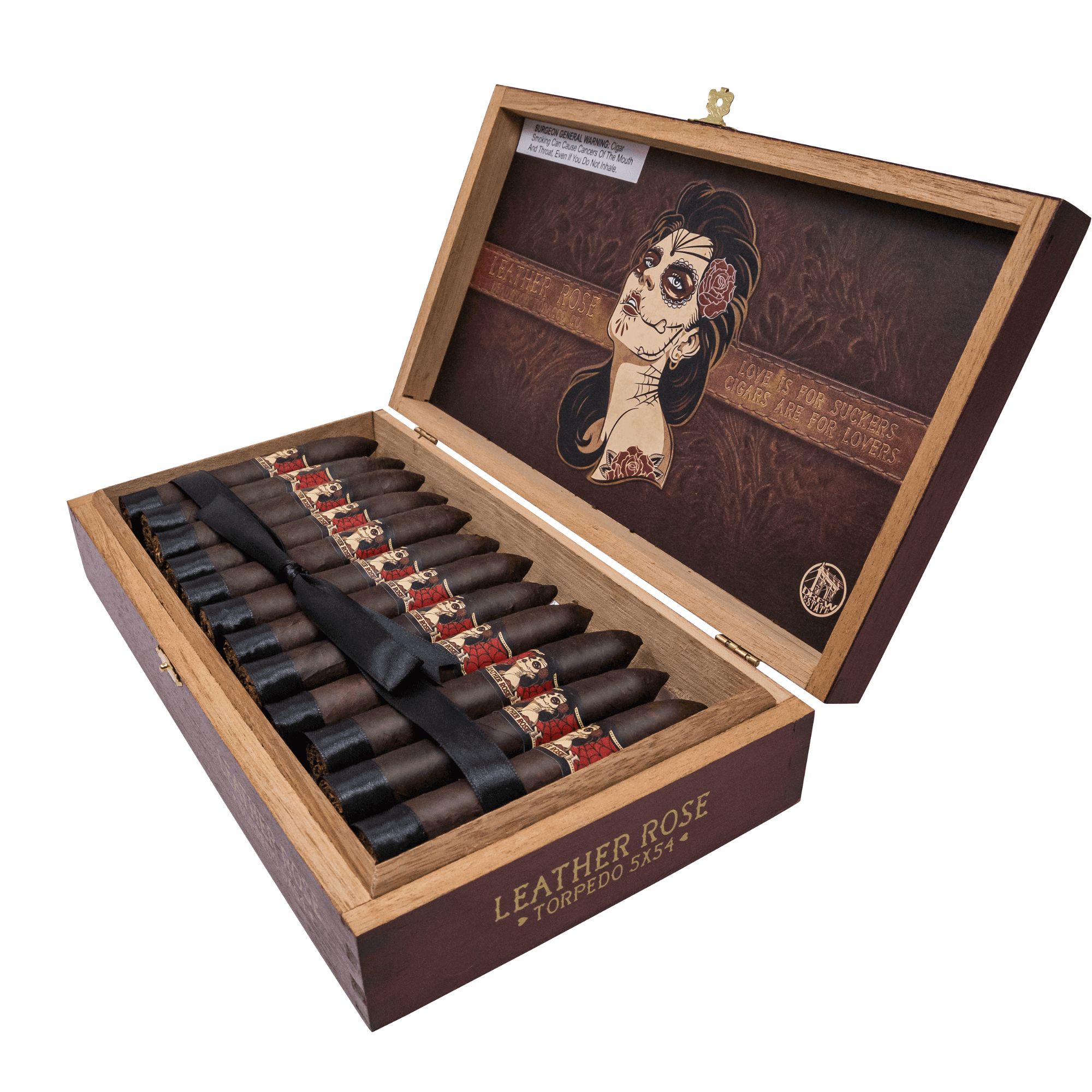 Open box of Deadwood Leather Rose Torpedo cigars from Nicaragua, featuring a maduro wrapper with sweet and spicy flavor notes.