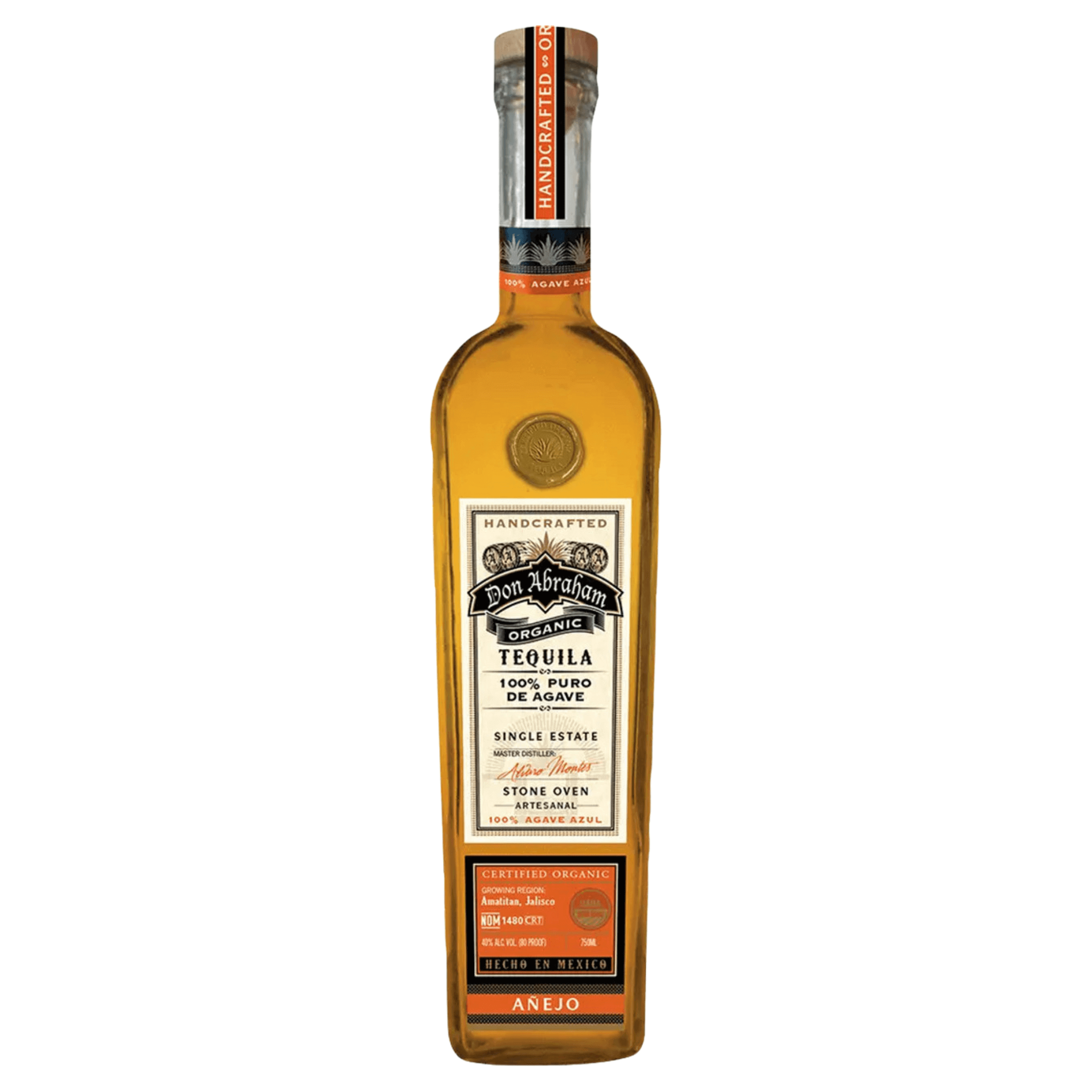 Bottle of Don Abraham Añejo Tequila 750ml, aged 14 months, organic blue agave, oak barrel influence, 40% ABV, from Amatitán, Jalisco.