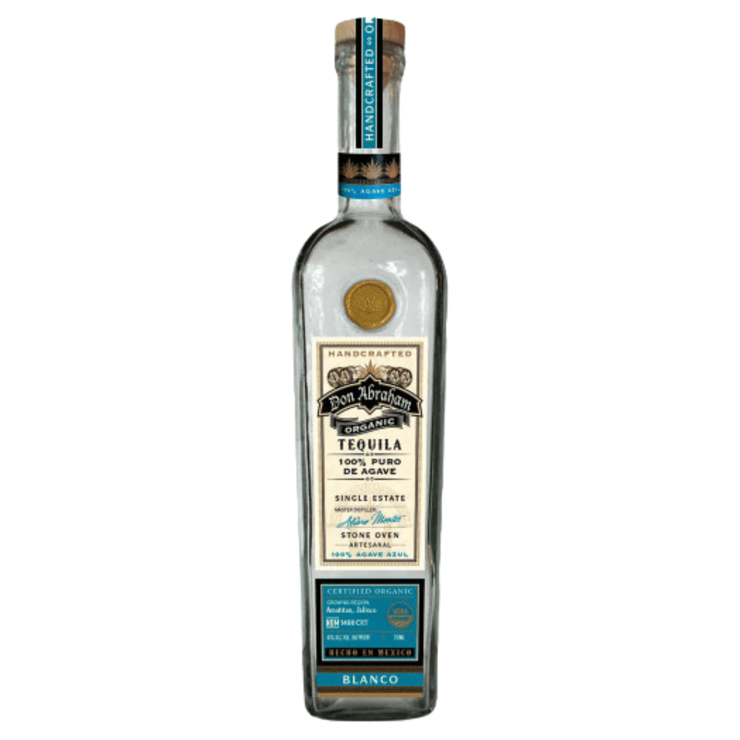 Don Abraham Blanco 750ml tequila bottle, organic blue weber agave, unaged, Amatitán distillery, Jalisco.