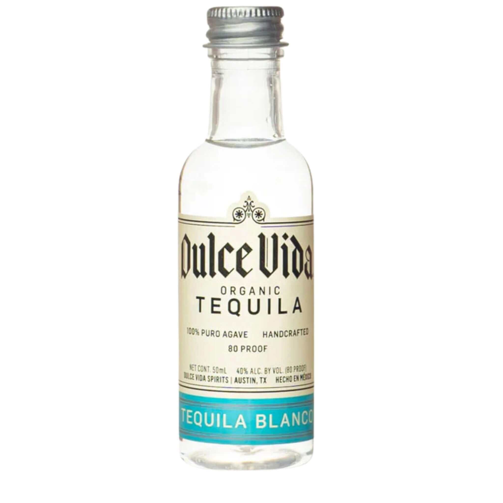 50ml bottle of Dulce Vida Blanco Tequila, organic and handcrafted, made from 100% blue agave.