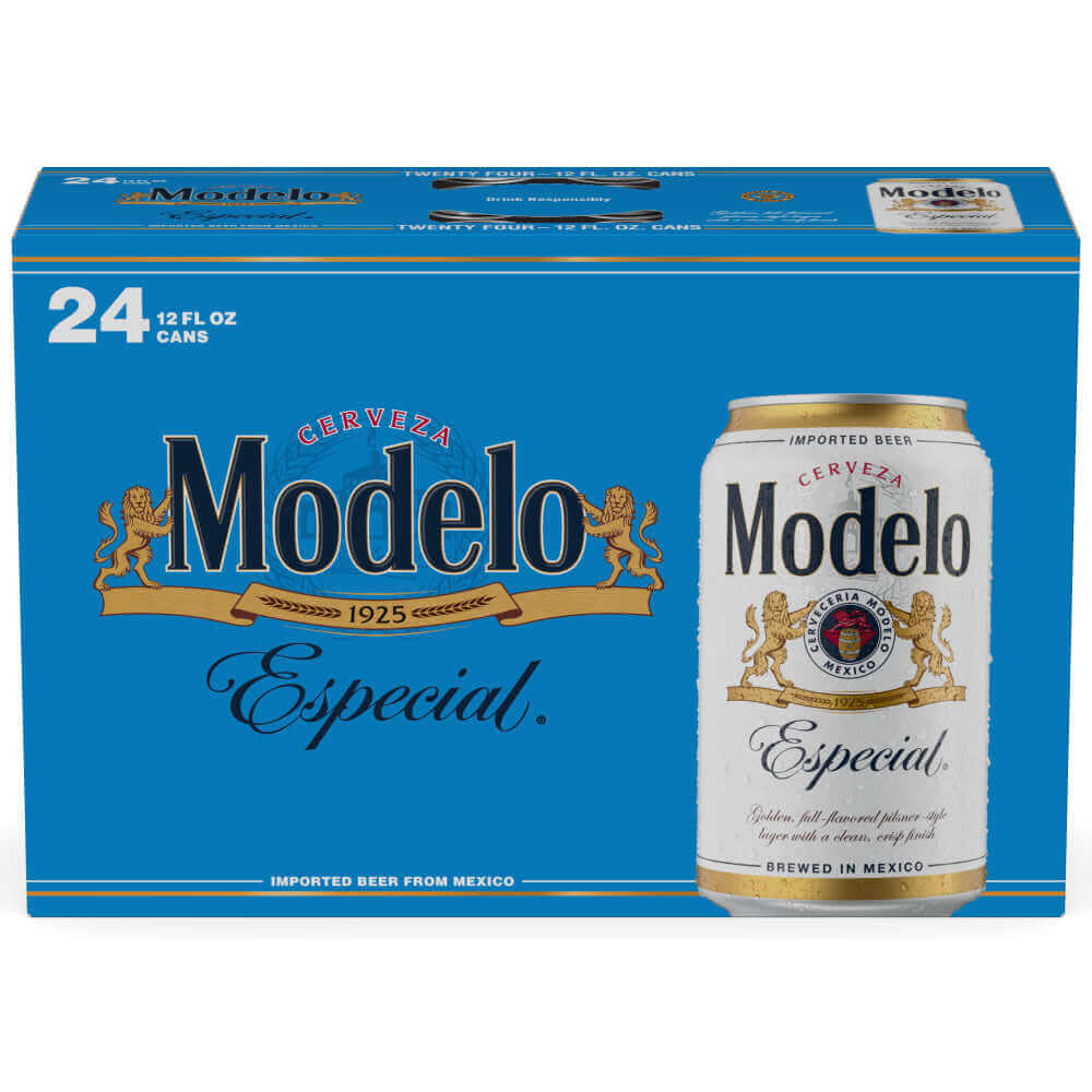 Modelo Especial 24-pack of 12oz cans featuring Mexican Lager brewed by Grupo Modelo with a crisp, well-balanced flavor and subtle aroma.