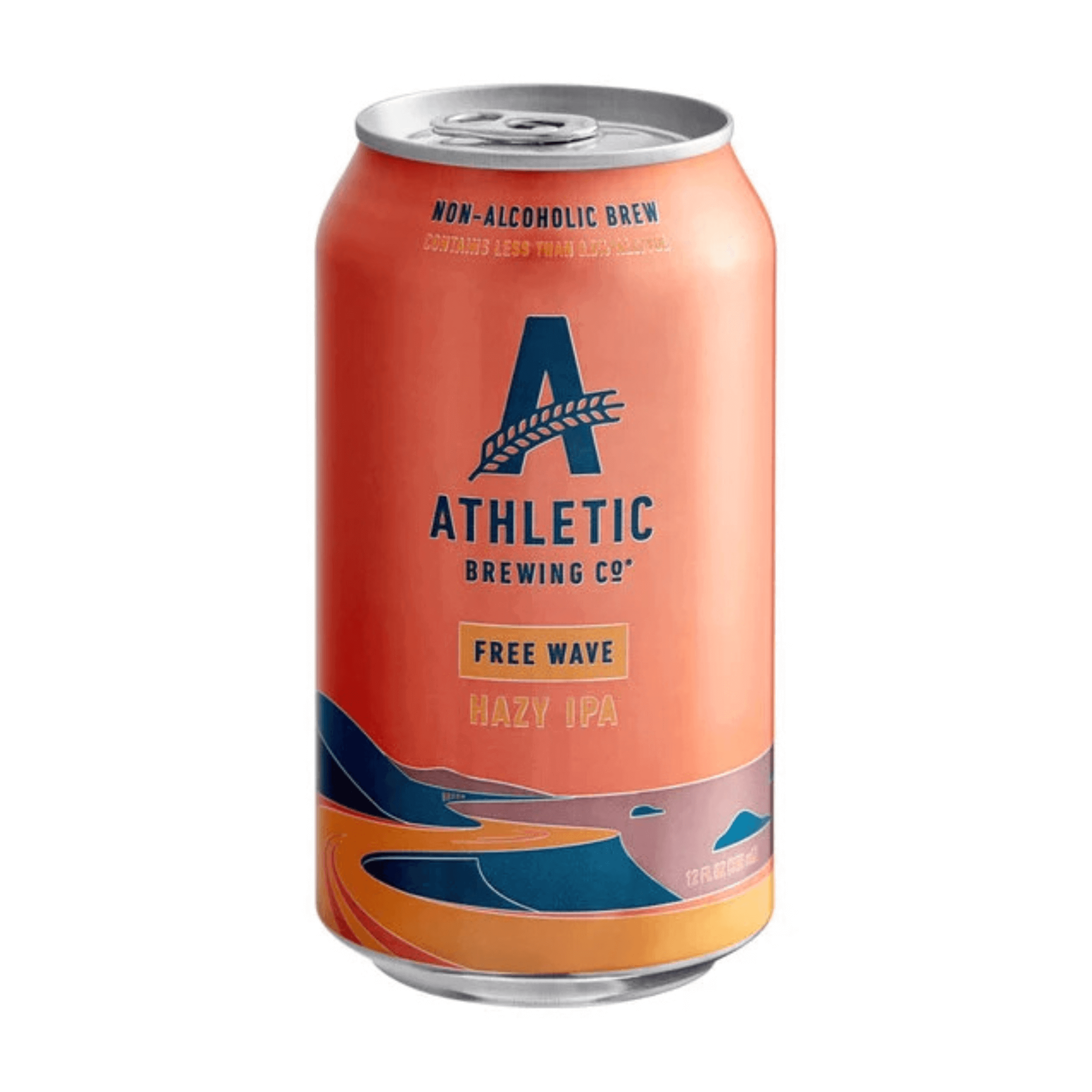 Athletic Brewing Co. Free Wave Hazy IPA non-alcoholic 12oz can with vibrant design, showcasing flavor notes of mango and pineapple.