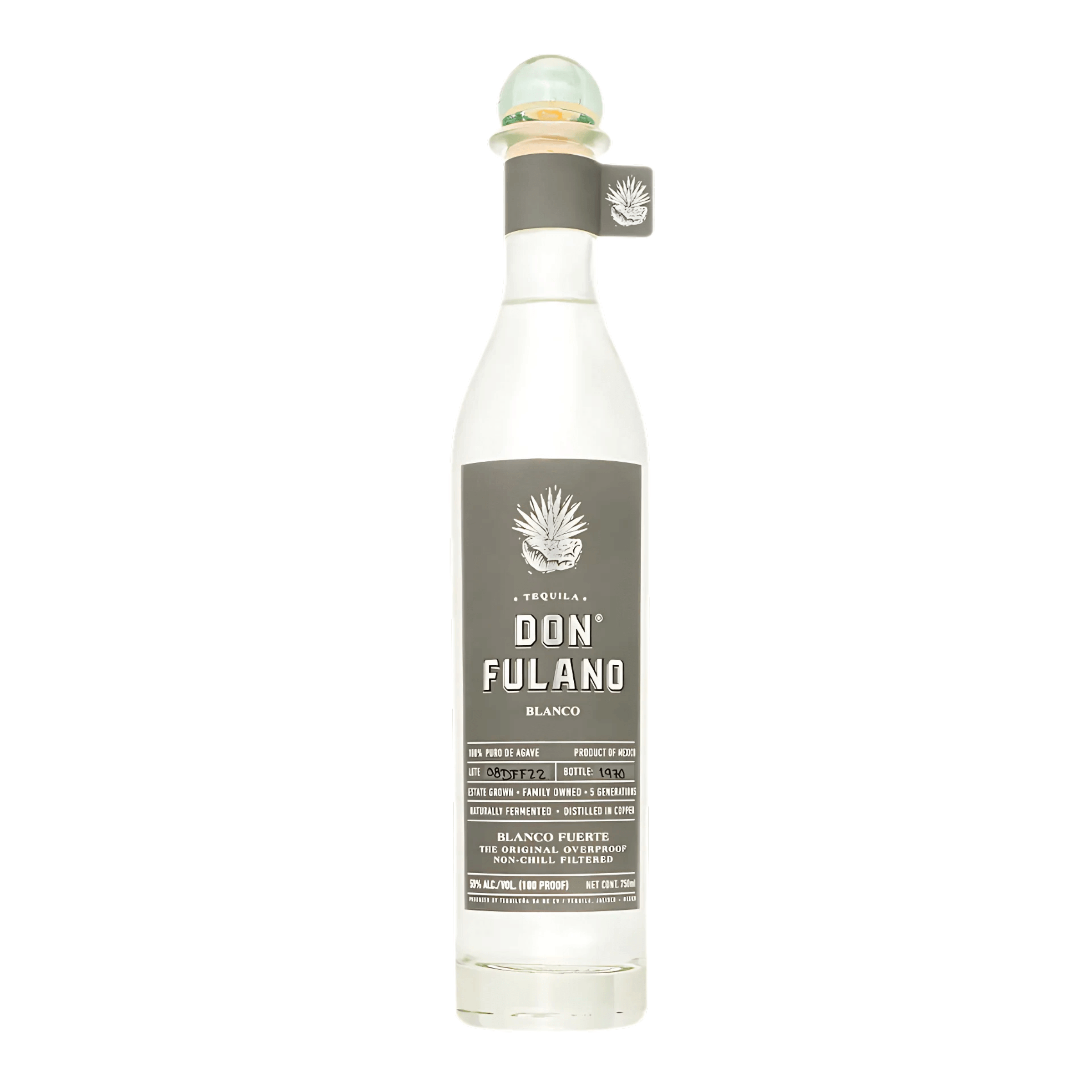 Bottle of Don Fulano Blanco Fuerte Tequila 750ml, unaged, 100% Blue Weber agave, 50% ABV, produced in Tequila, Jalisco, NOM 1146.