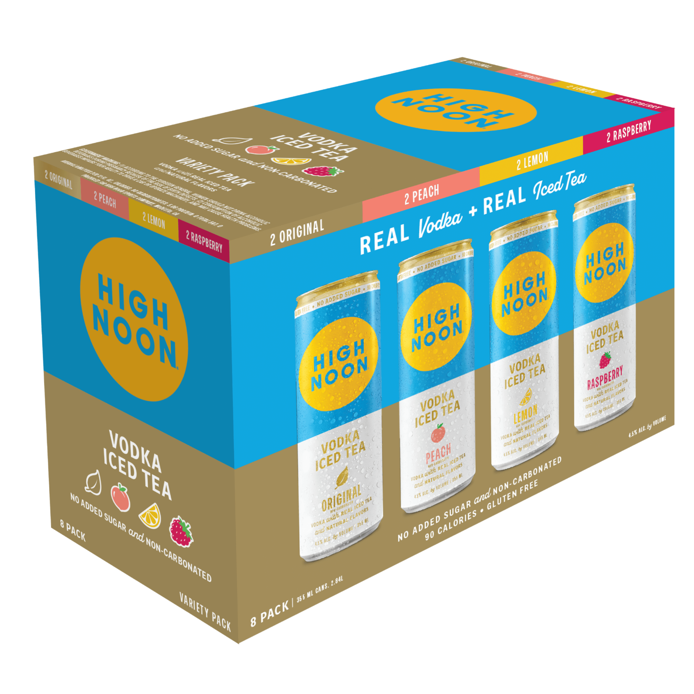 High Noon Vodka Iced Tea Variety Pack, 8 Pack of 12oz cans with assorted flavors, featuring real vodka and brewed iced tea.