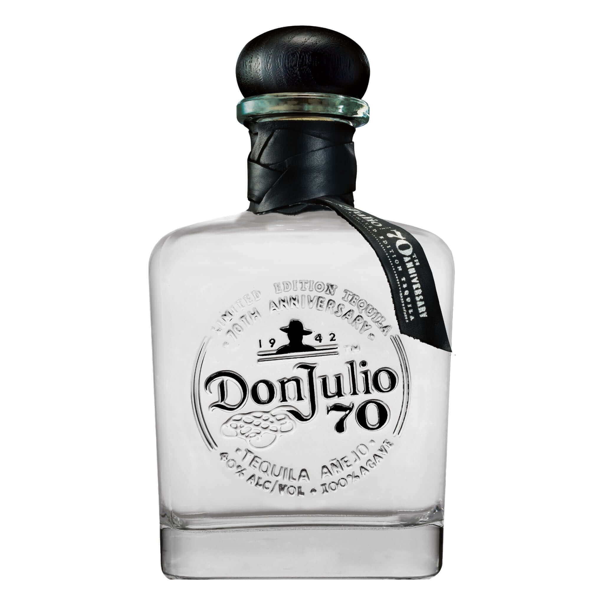 Don Julio 70 Añejo Claro Tequila 750ml bottle with black cap, first clear añejo tequila, 70th anniversary edition.