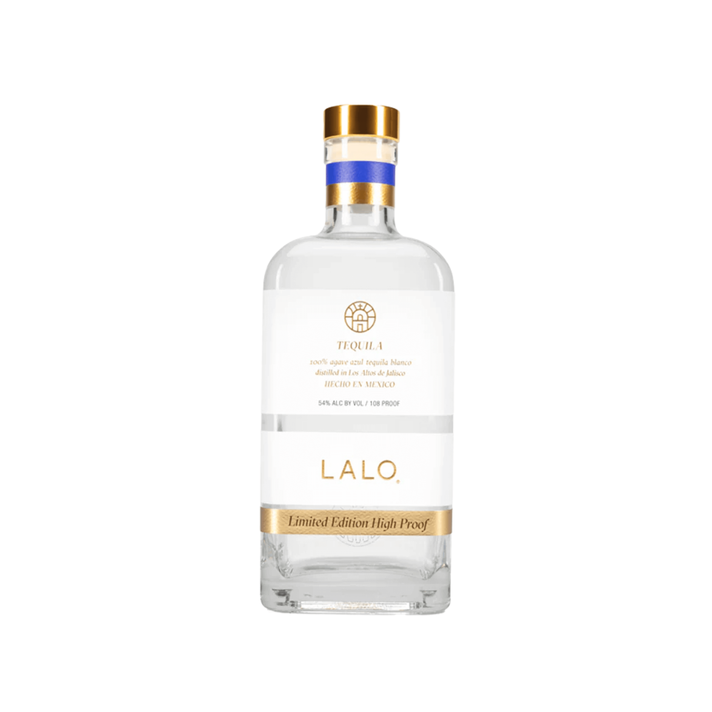 Bottle of LALO High Proof Blanco Tequila 750ml, unaged, made with 100% Blue Weber agave, 54% ABV, from Jalisco, Mexico.