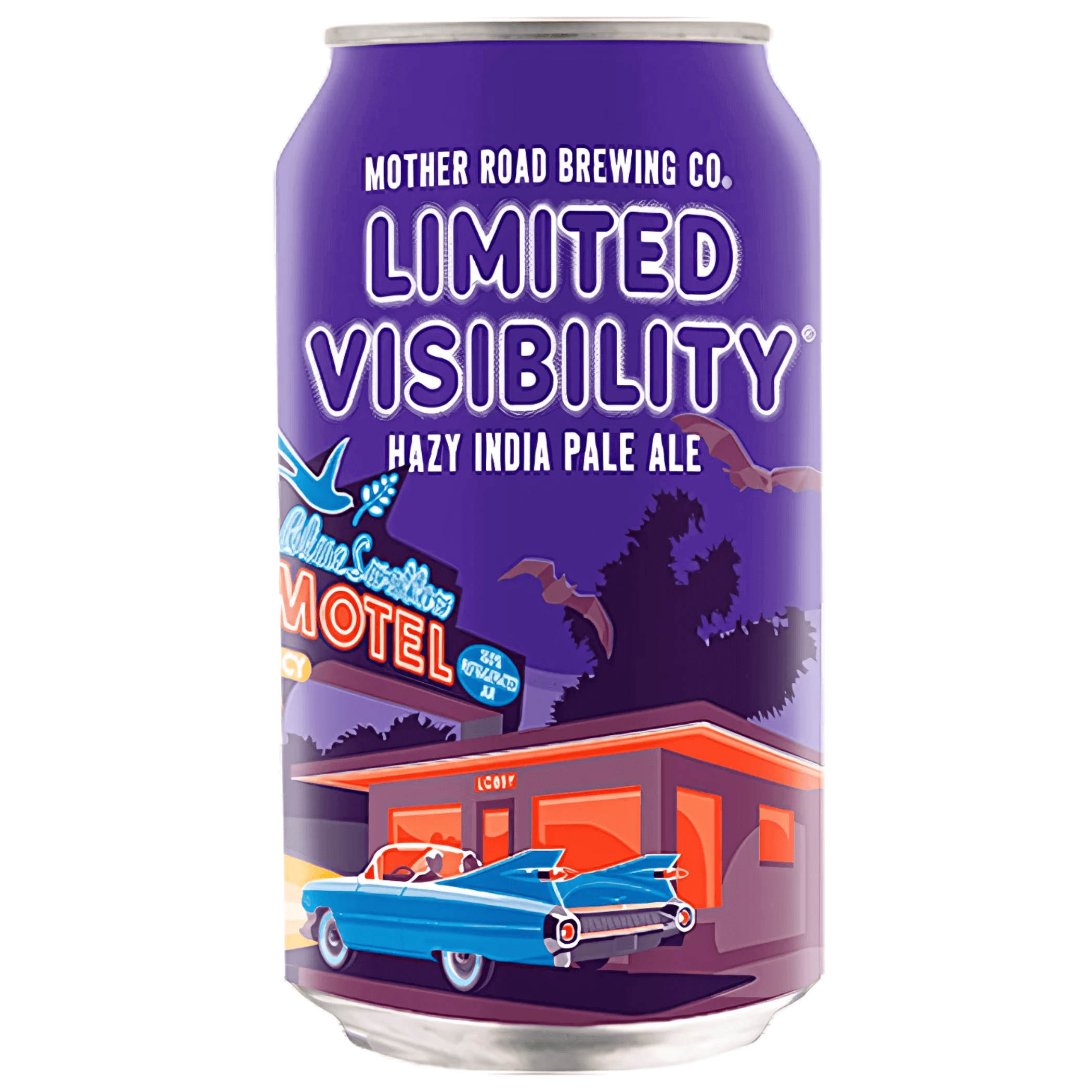 Mother Road Brewing Co. Limited Visibility Hazy IPA 16oz can with retro motel design and citrus-forward flavor profile.