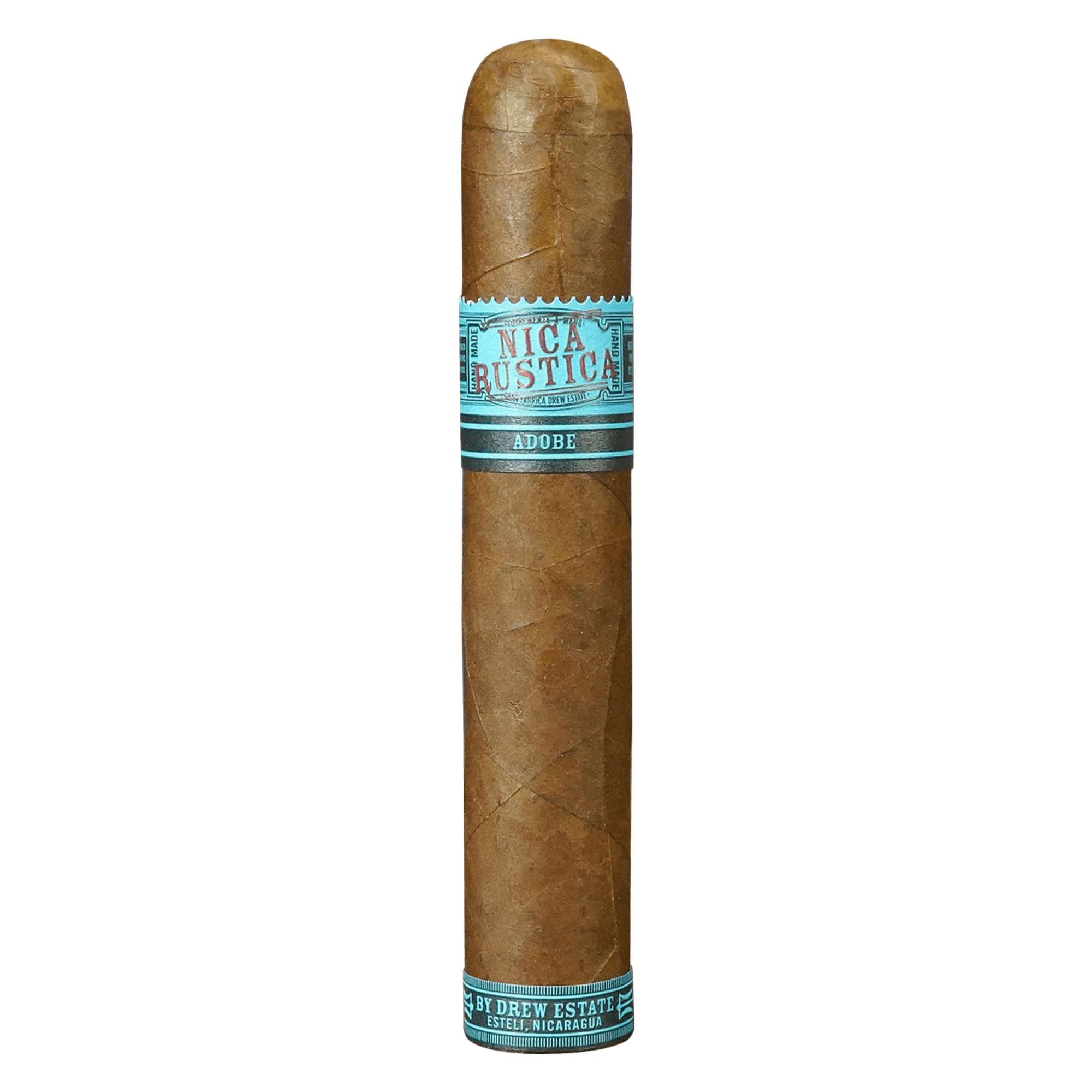 Nica Rustica Adobe Robusto cigar by Drew Estate, medium to full strength with spicy cedar and coffee notes, 5 x 54 size.
