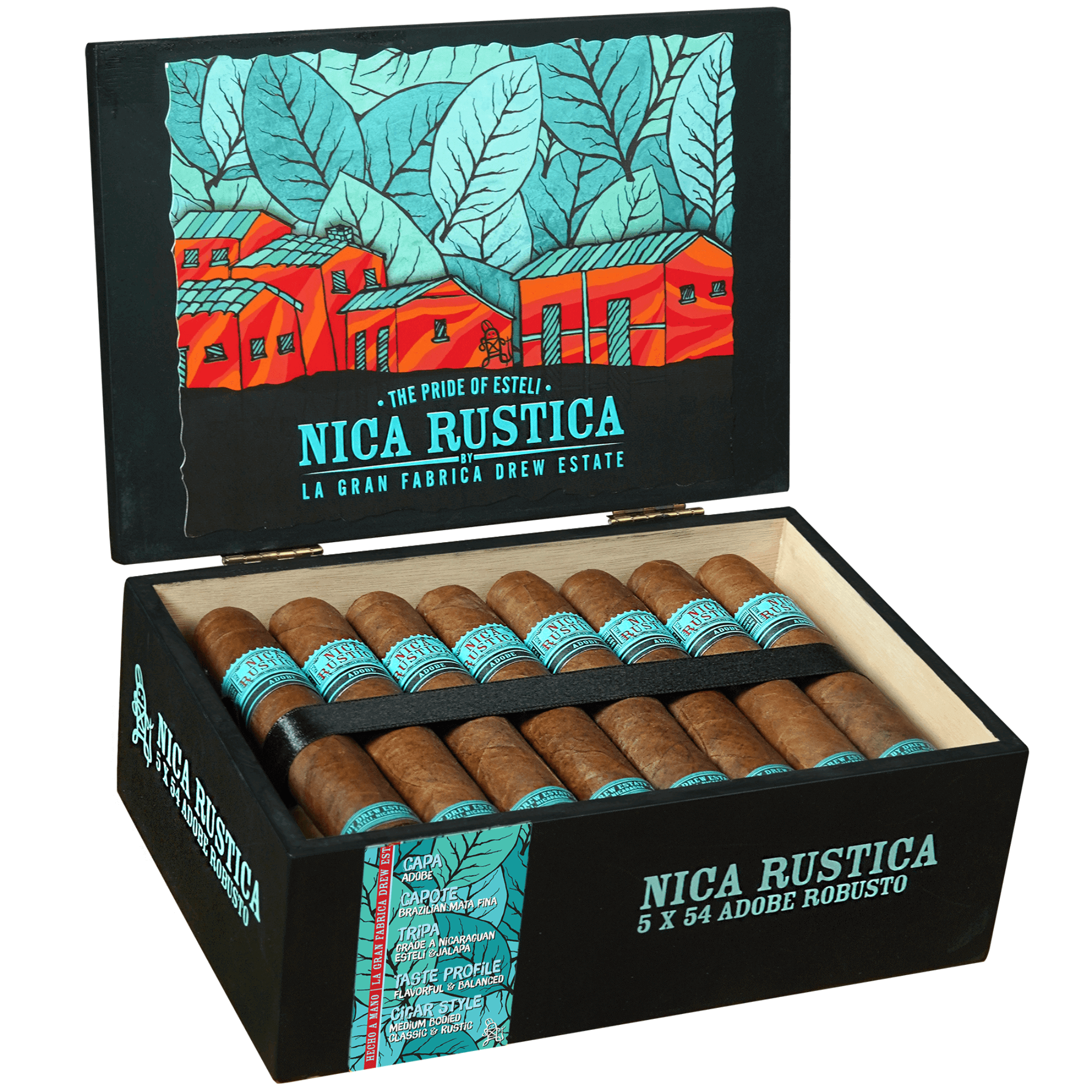 Nica Rustica Adobe Robusto 25ct box open, displaying cigars with vibrant packaging design, by Drew Estate.