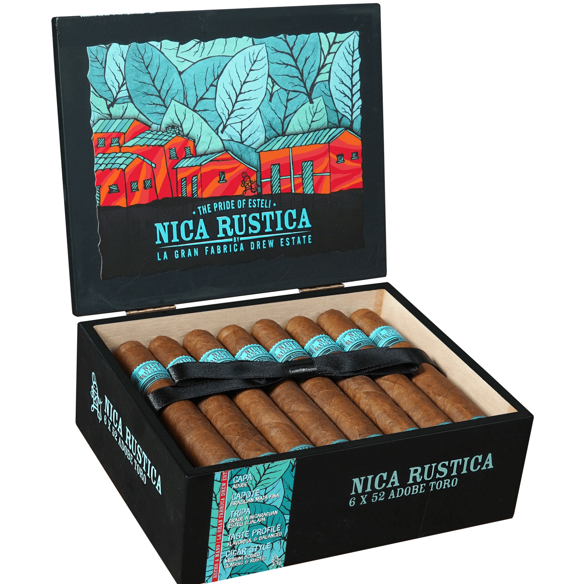 Open Nica Rustica Adobe Toro 25ct Box by Drew Estate with Ecuadorian Habano wrapper and Nicaraguan filler.