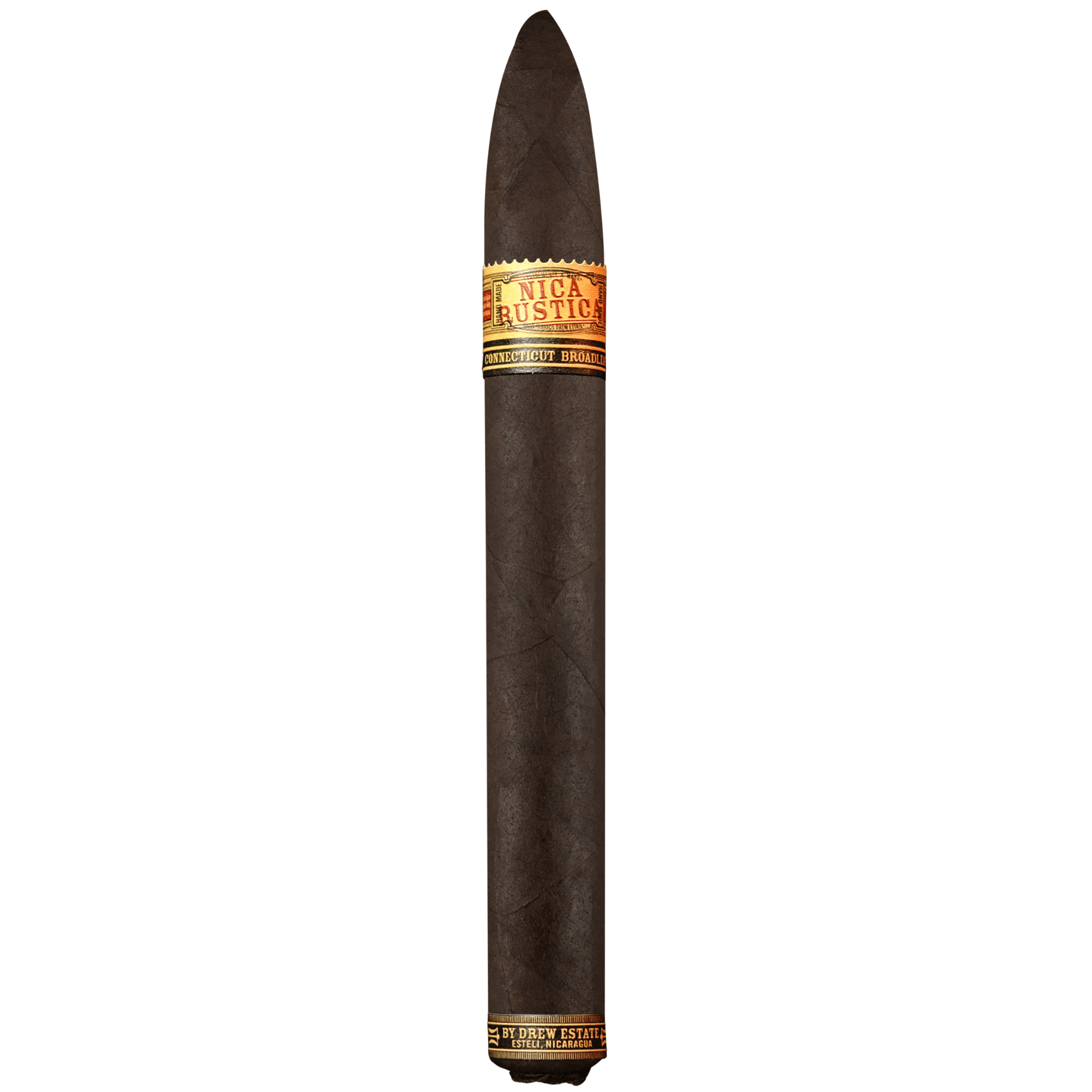 Nica Rustica Belly Belicoso cigar by Drew Estate with Connecticut Broadleaf Maduro wrapper, offering earthy, chocolate, and espresso notes.