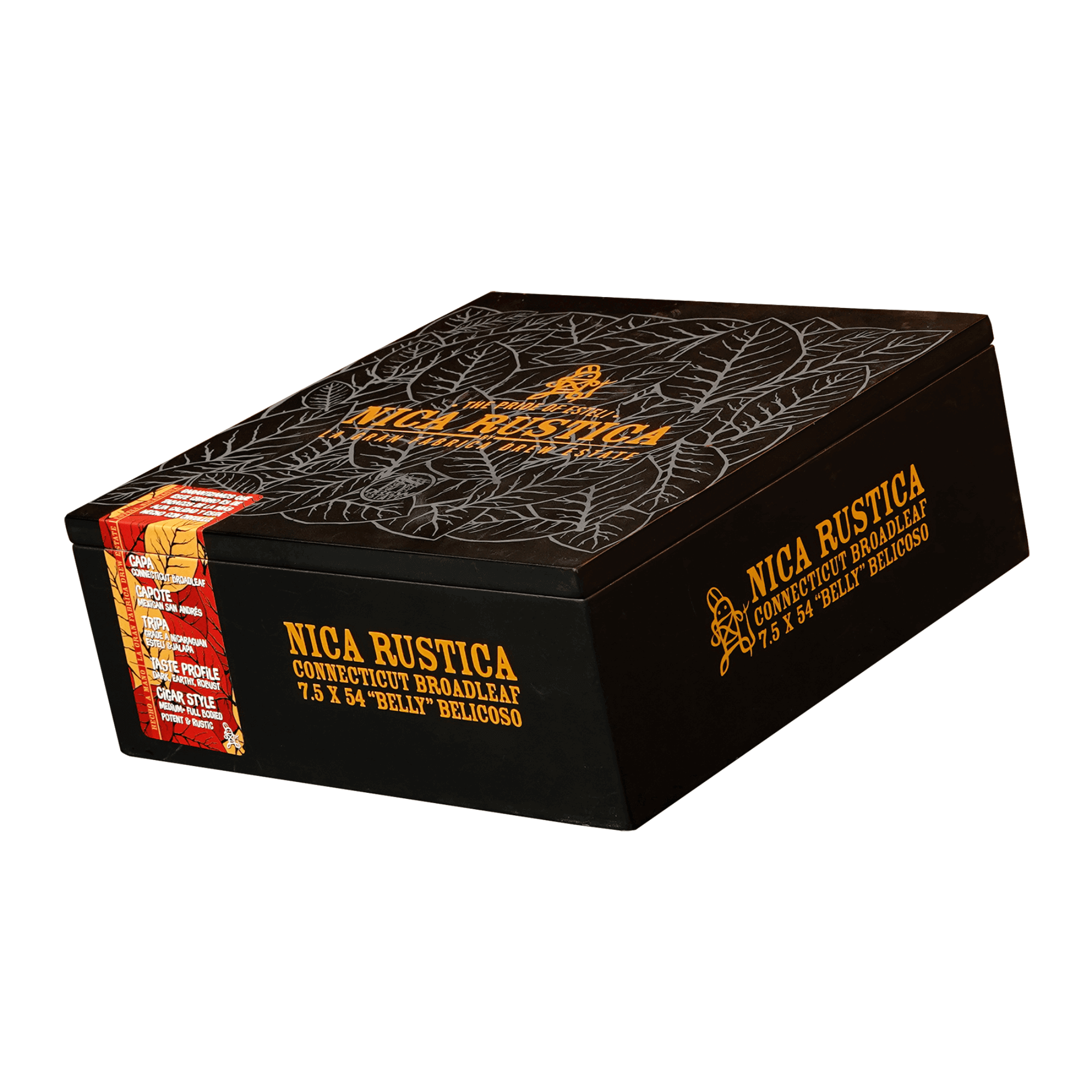 Nica Rustica Belly Belicoso 25ct Box by Drew Estate with colorful design, featuring Connecticut Broadleaf Maduro wrapper, 7.5x54 size.