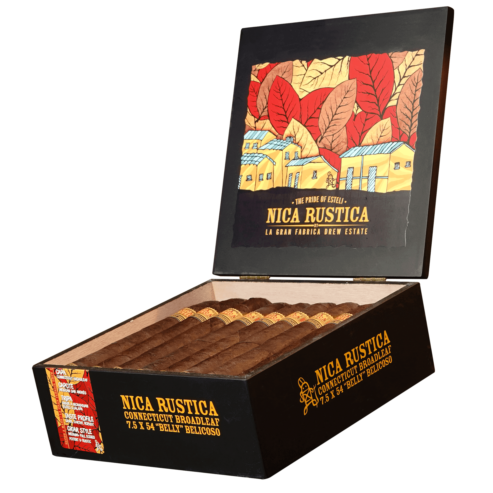 Open box of Nica Rustica Belly Belicoso cigars by Drew Estate, featuring rich, earthy flavors. 25 count box with colorful artwork.