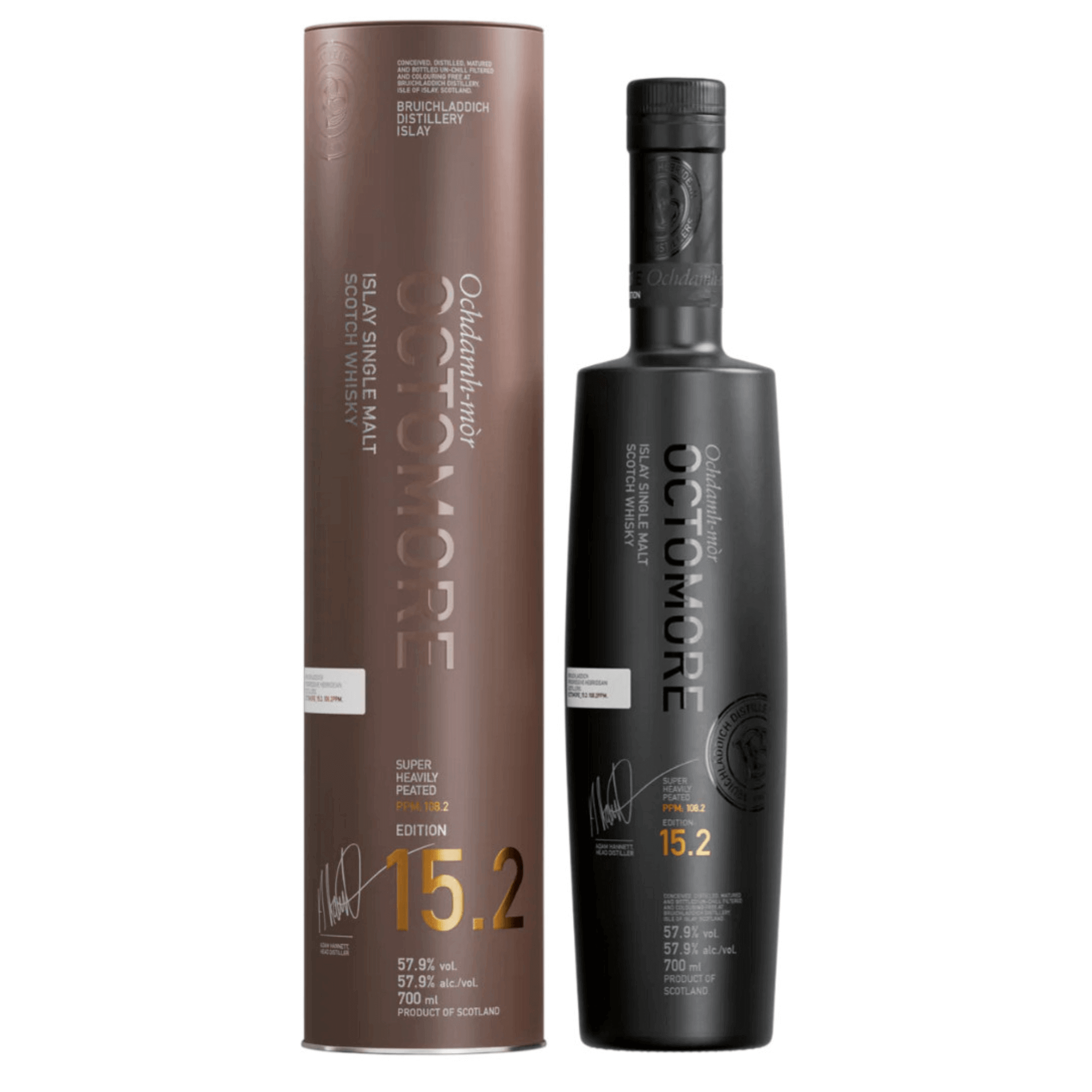 Bruichladdich Octomore 15.2 Single Malt Scotch Whisky bottle and packaging, peated to 108.2 PPM, Islay, Scotland.
